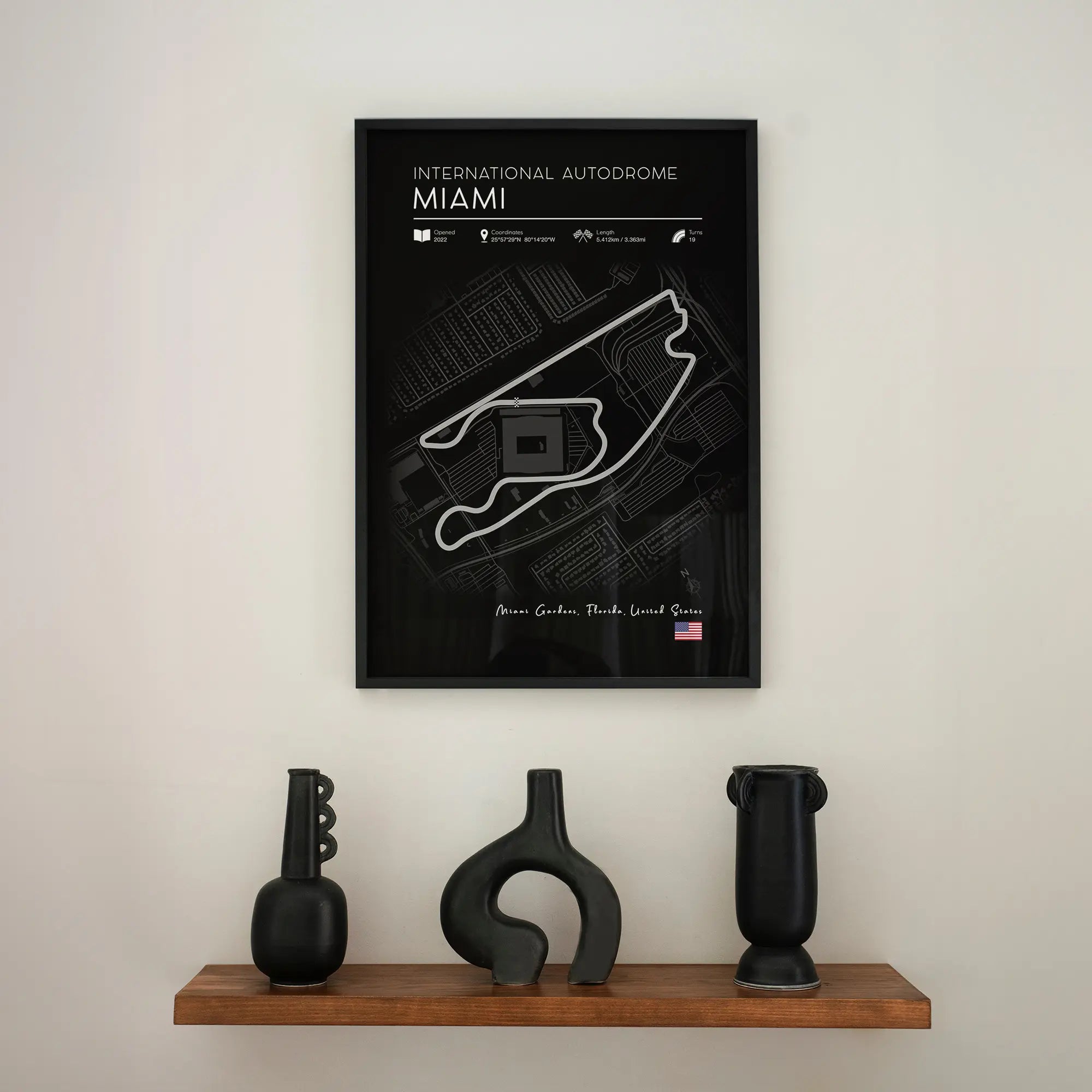 Miami Grand Prix Track Poster – Modern Black & White F1 Artwork in Living Room