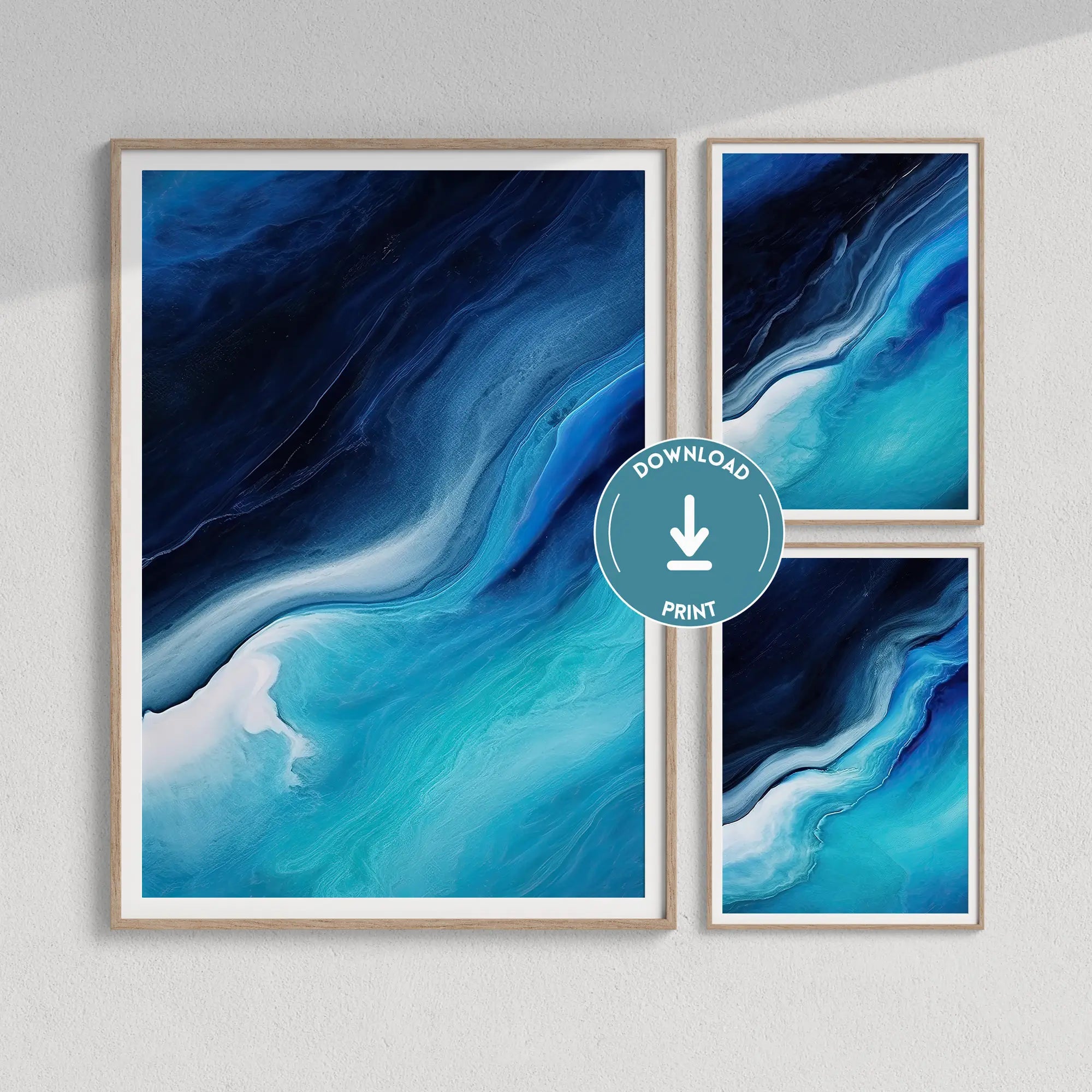 Gallery Wall Set of 3 Abstract Ocean Prints, Minimal Seascape, Navy Blue & Aquamarine Fluid Art