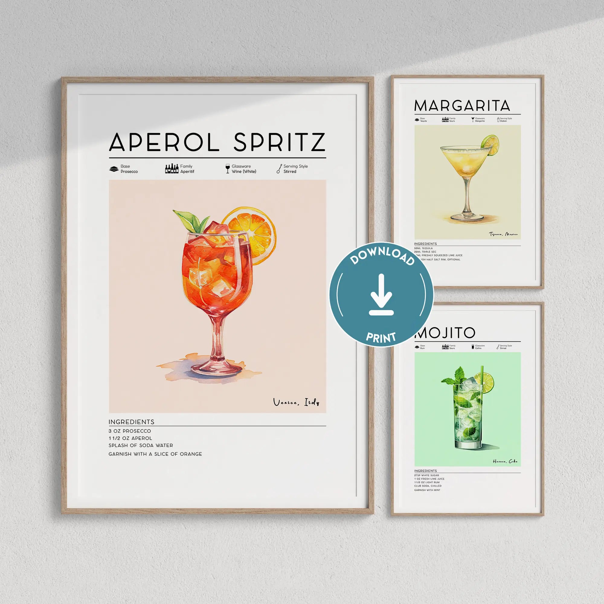 Set of 3 Cocktail Posters, Aperol Spritz, Margarita, Mojito