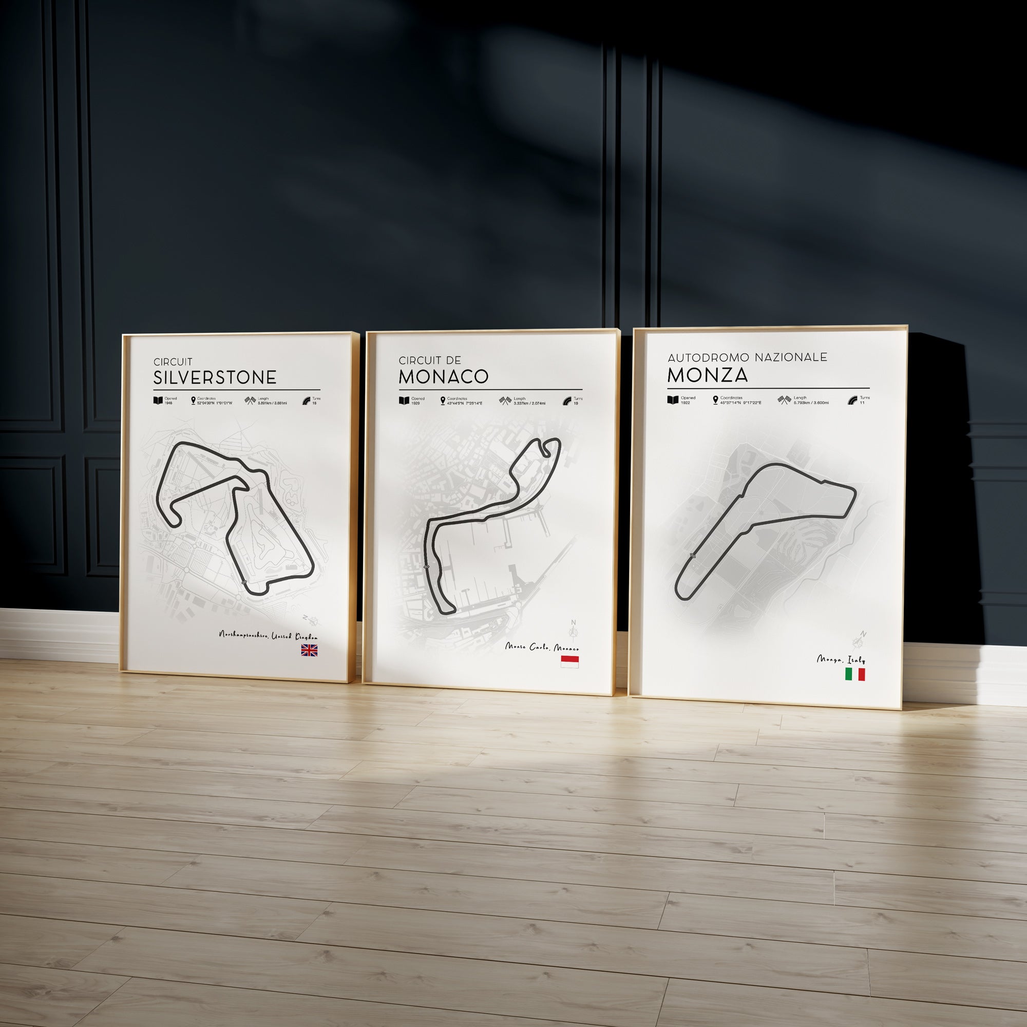 Set of 3 Iconic F1 Circuits - Silverstone, Monaco and Monza Racetrack Poster Prints