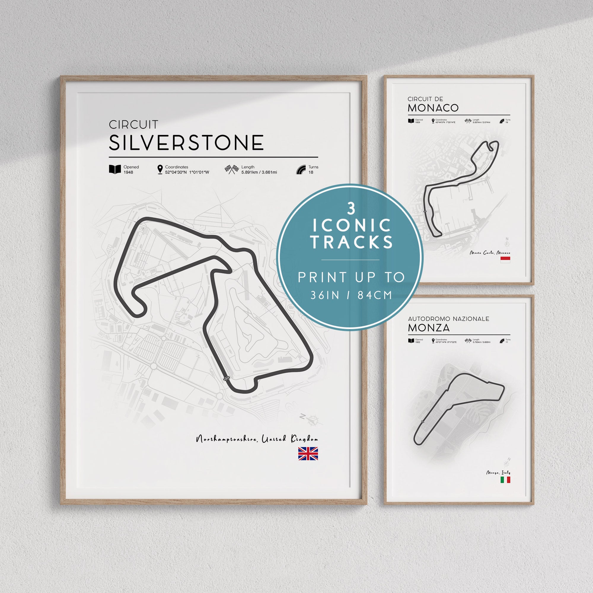 Set of 3 F1 Circuit Posters - Silverstone, Monaco, Monza.