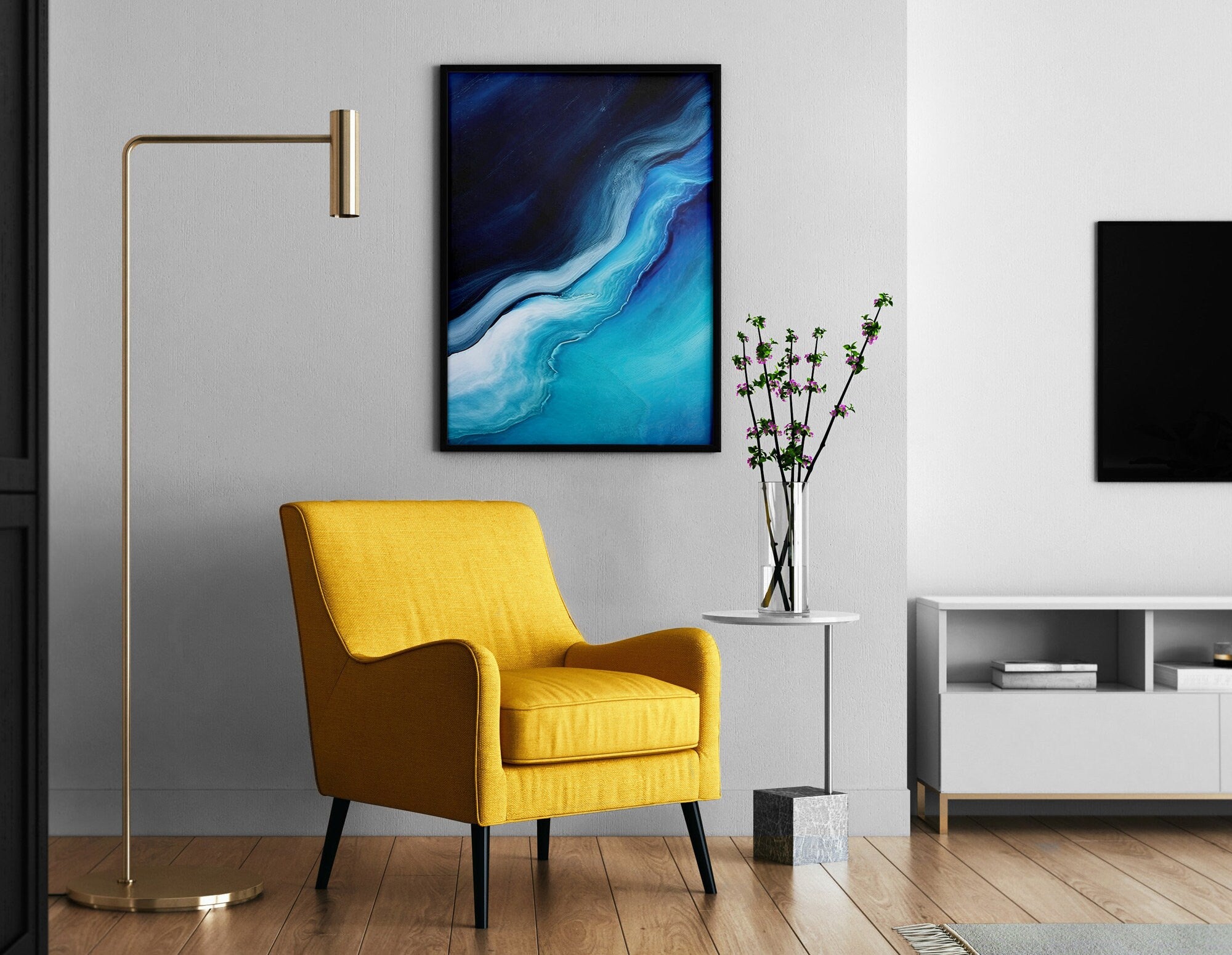 Fluid Art Painting, Abstract Ocean 3 - Turquoise, Indigo Blue & White Blended Color Art Print