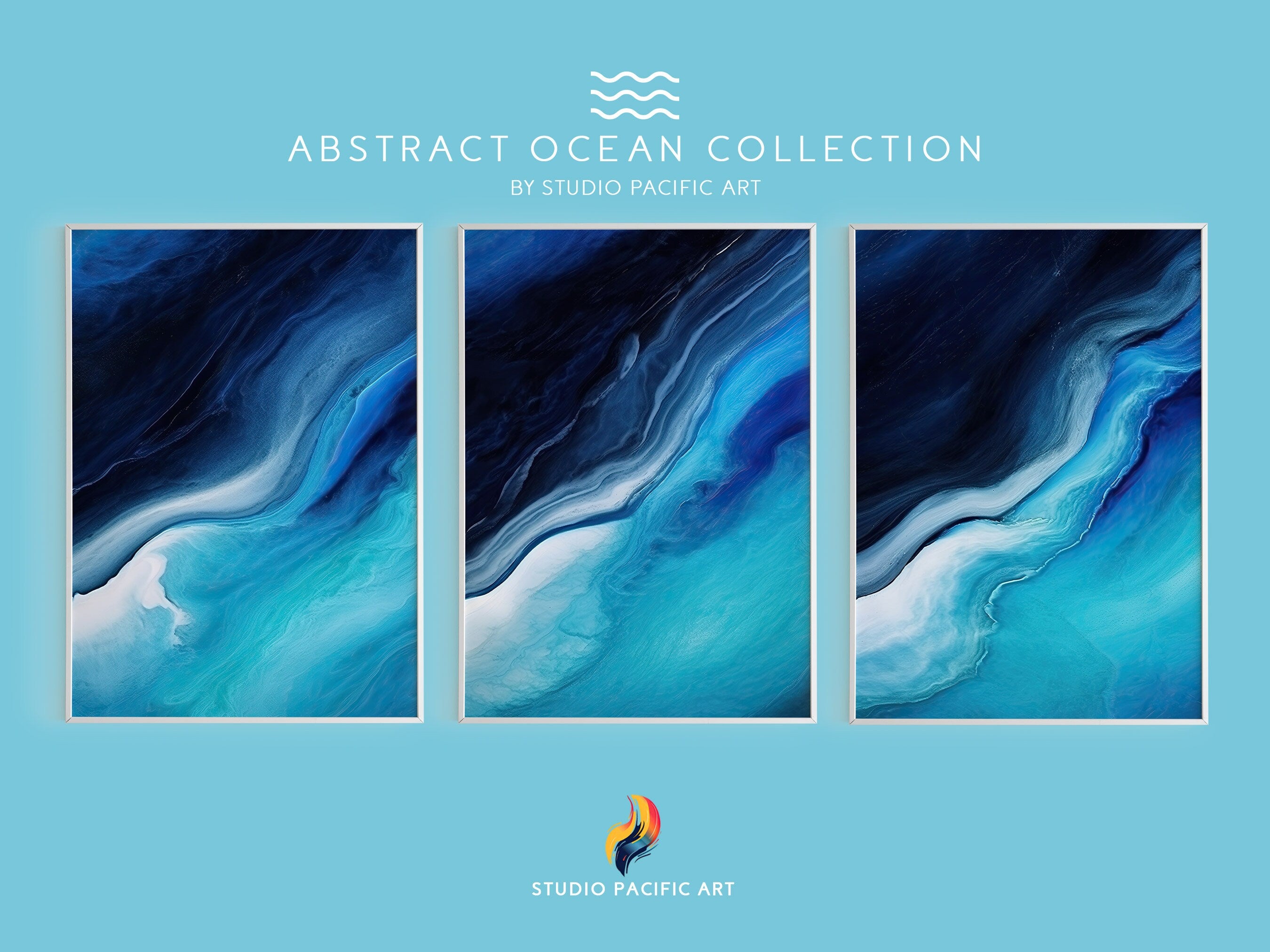 Gallery Wall Set of 3 Abstract Ocean Prints, Minimal Seascape, Navy Blue & Aquamarine Fluid Art