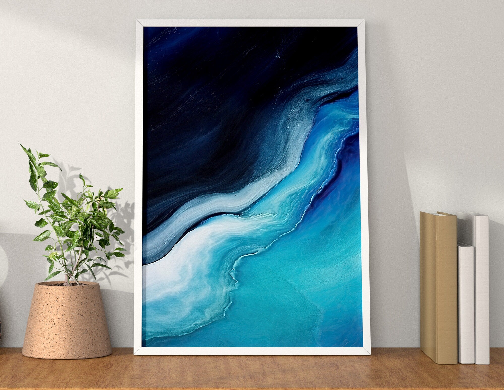 Gallery Wall Set of 3 Abstract Ocean Prints, Minimal Seascape, Navy Blue & Aquamarine Fluid Art