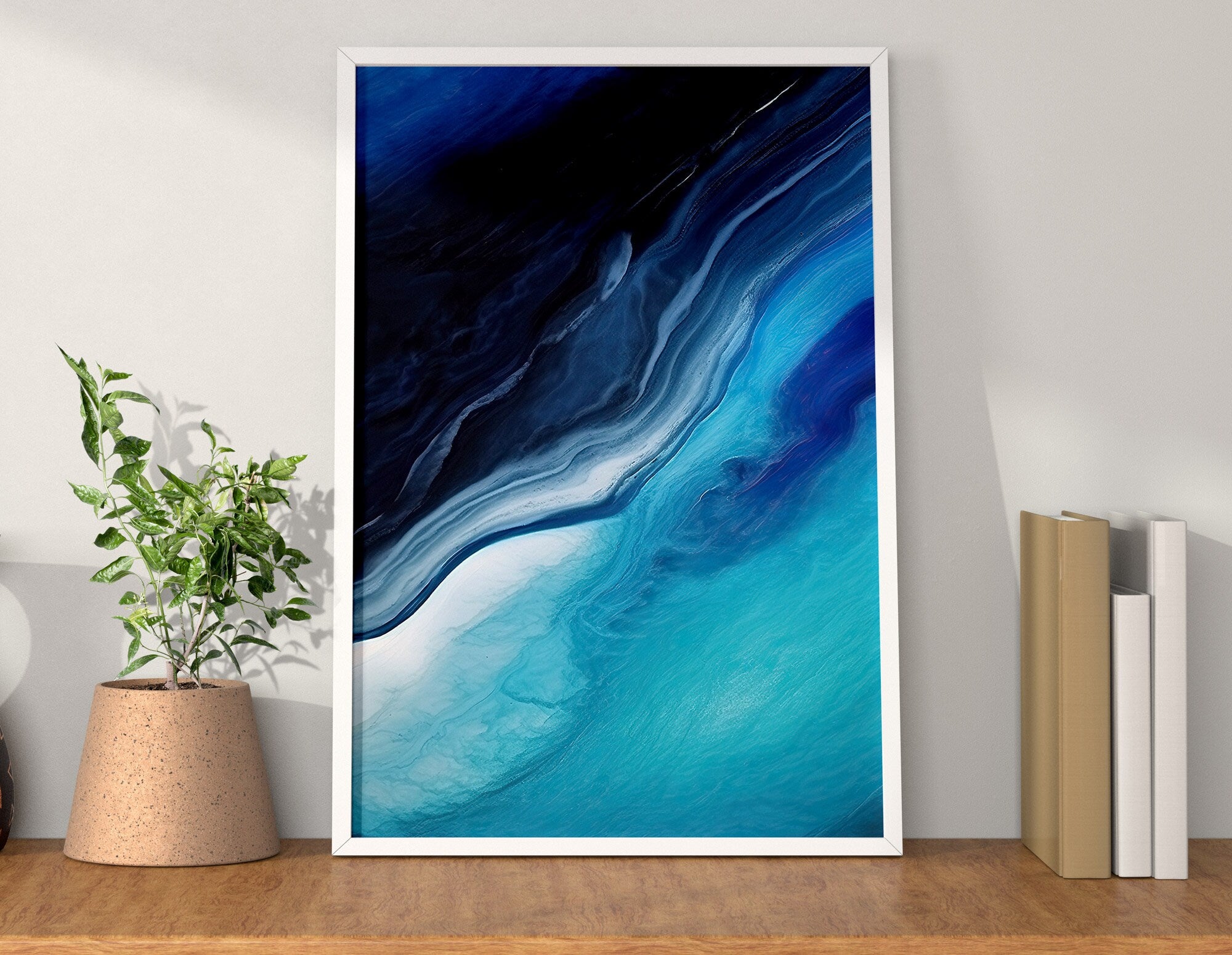 Gallery Wall Set of 3 Abstract Ocean Prints, Minimal Seascape, Navy Blue & Aquamarine Fluid Art