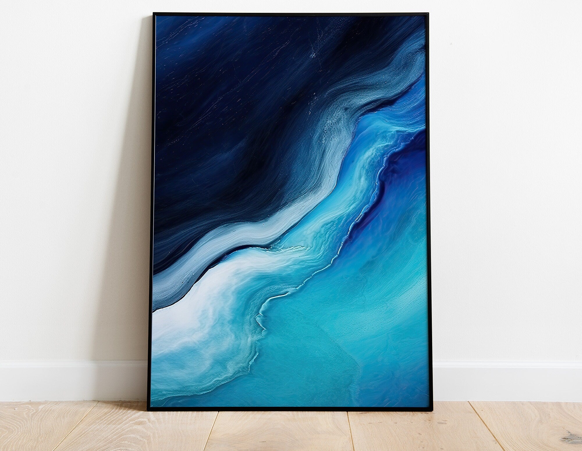 Fluid Art Painting, Abstract Ocean 3 - Turquoise, Indigo Blue & White Blended Color Art Print