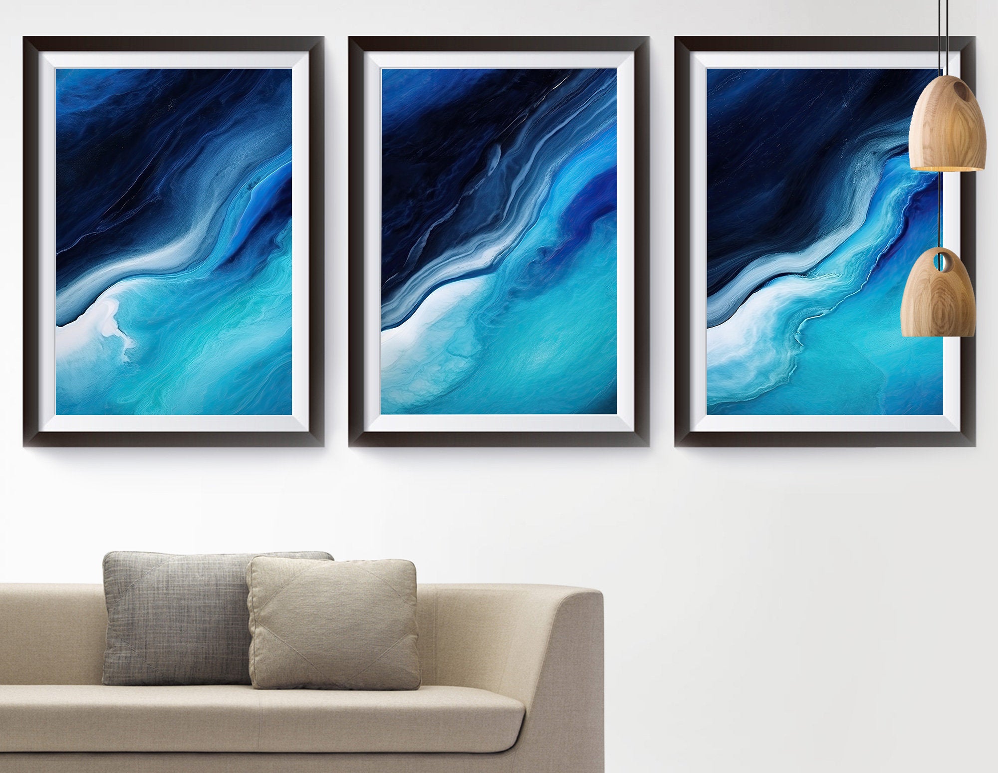 Gallery Wall Set of 3 Abstract Ocean Prints, Minimal Seascape, Navy Blue & Aquamarine Fluid Art