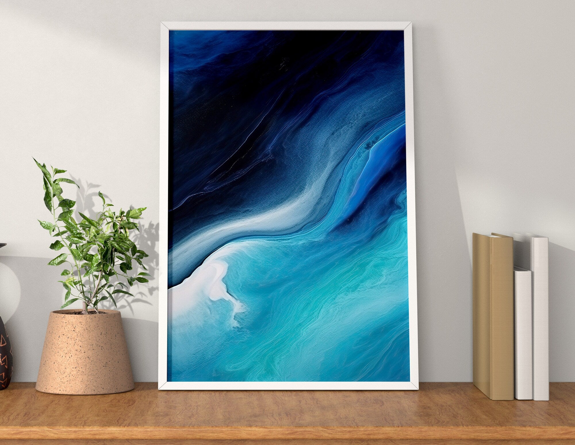 Gallery Wall Set of 3 Abstract Ocean Prints, Minimal Seascape, Navy Blue & Aquamarine Fluid Art