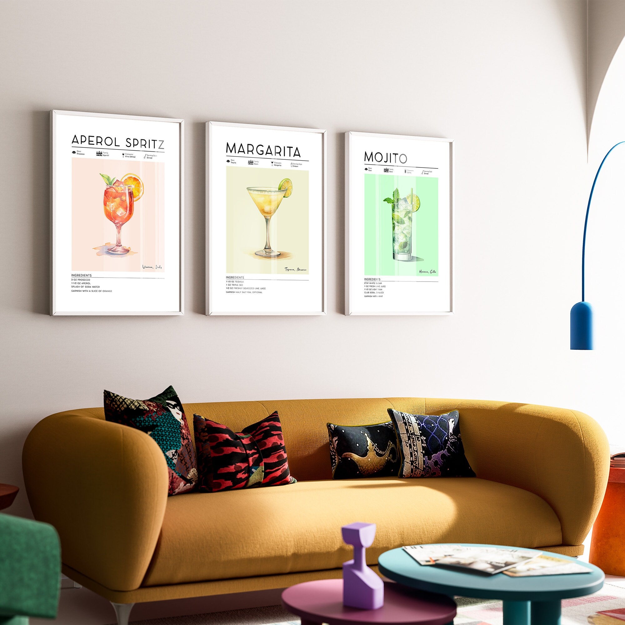 Set of 3 Cocktail Posters, Aperol Spritz, Margarita, Mojito