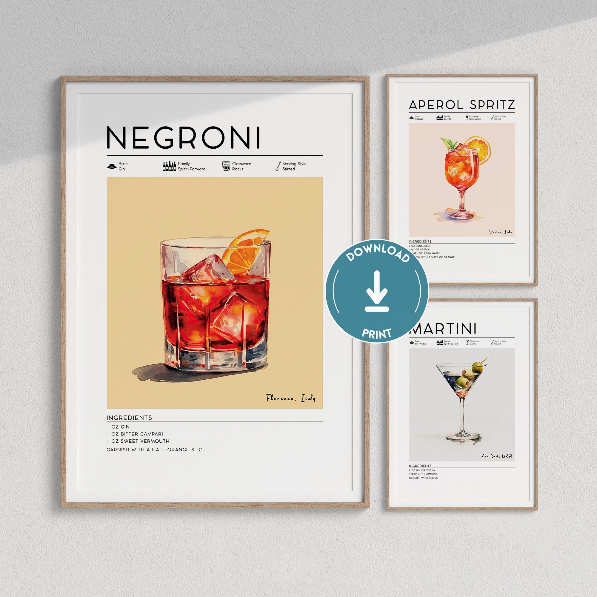 Set of 3 Cocktail Posters, Aperol Spritz, Negroni, Martini