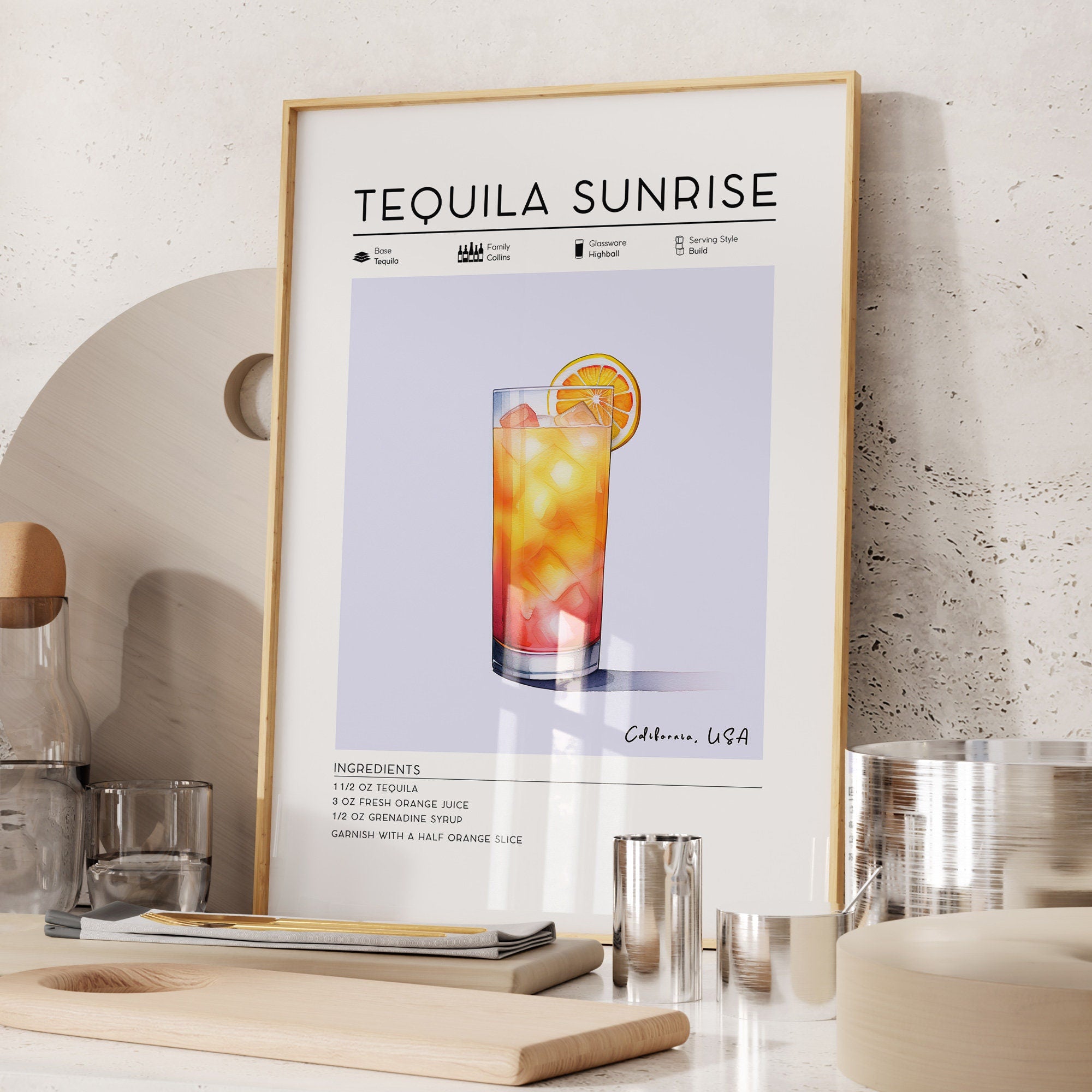 Set of 3 Summer Cocktail Posters, Mojito, Tom Collins, Tequila Sunrise Prints