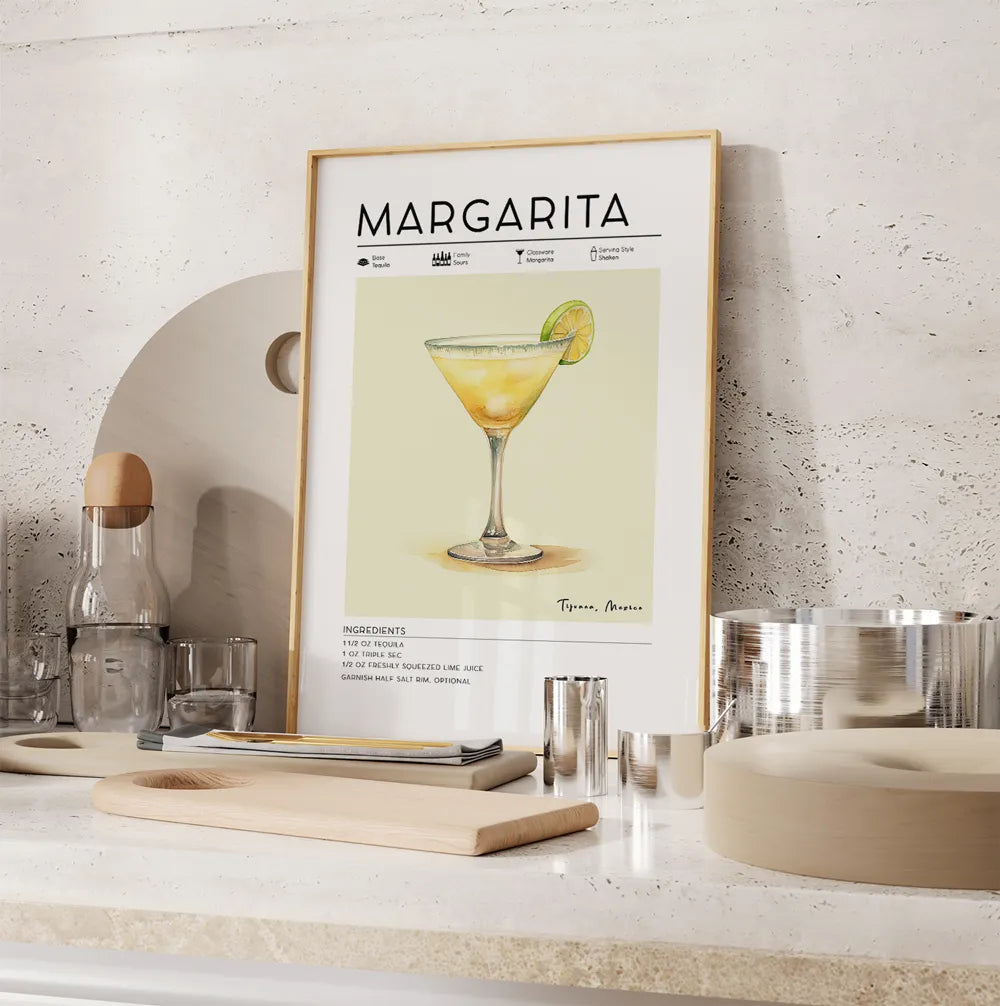Printed Margarita Cocktail Poster Framed on Kitchen Bench