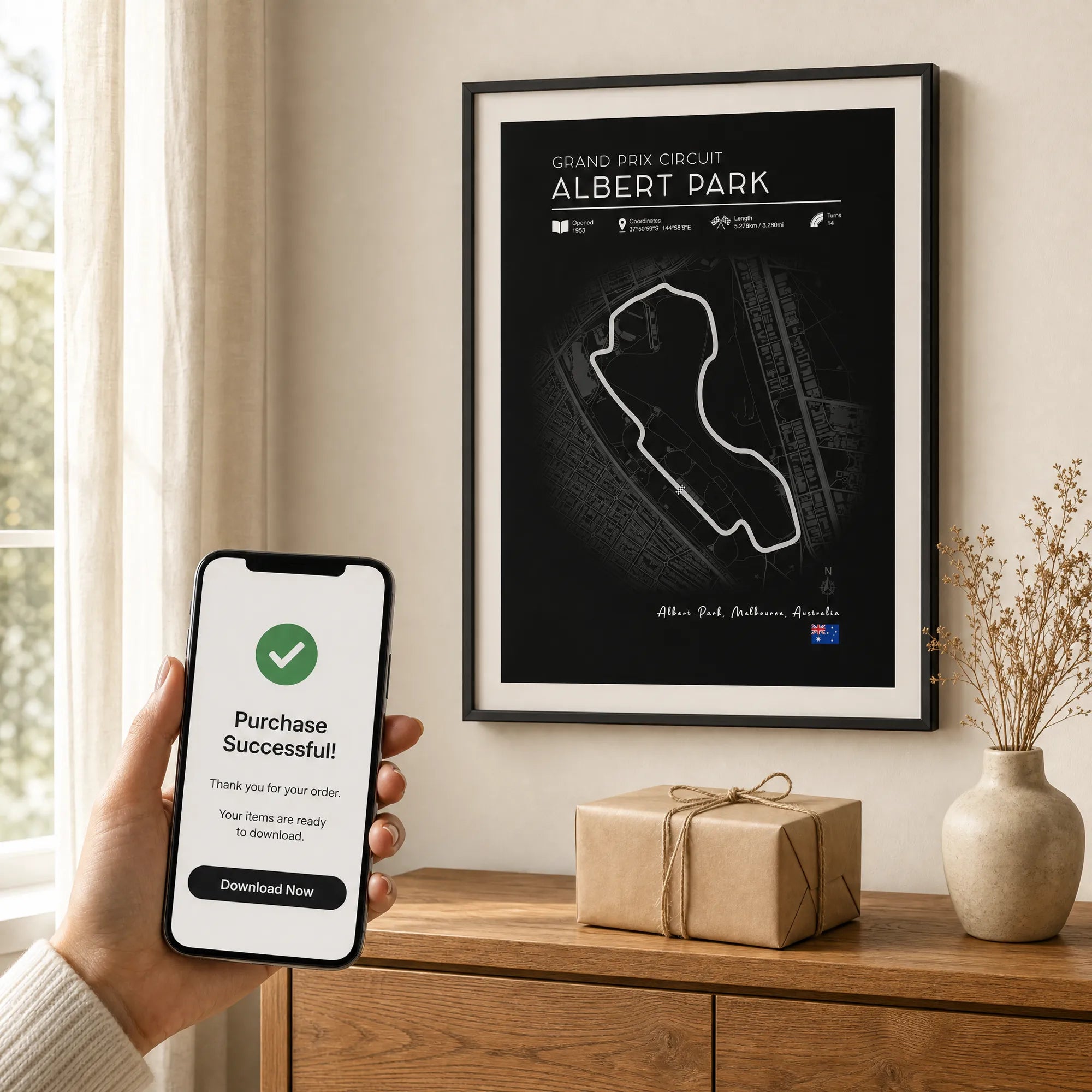 F1 gifts for him black edition circuit poster dark frame on white wall with kraft gift box and phone