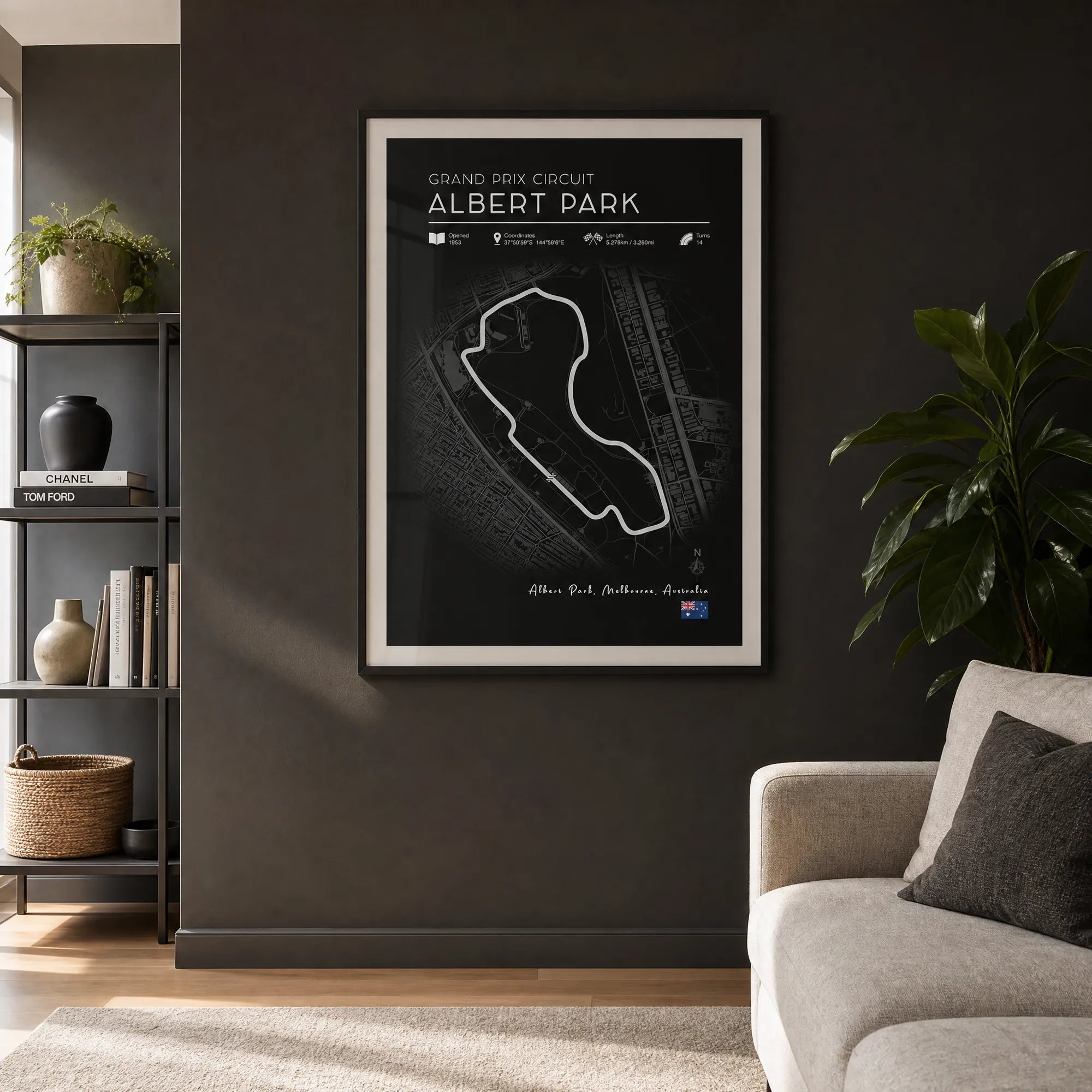 Black Edition Albert Park F1 race track poster, high-contrast motorsport wall art
