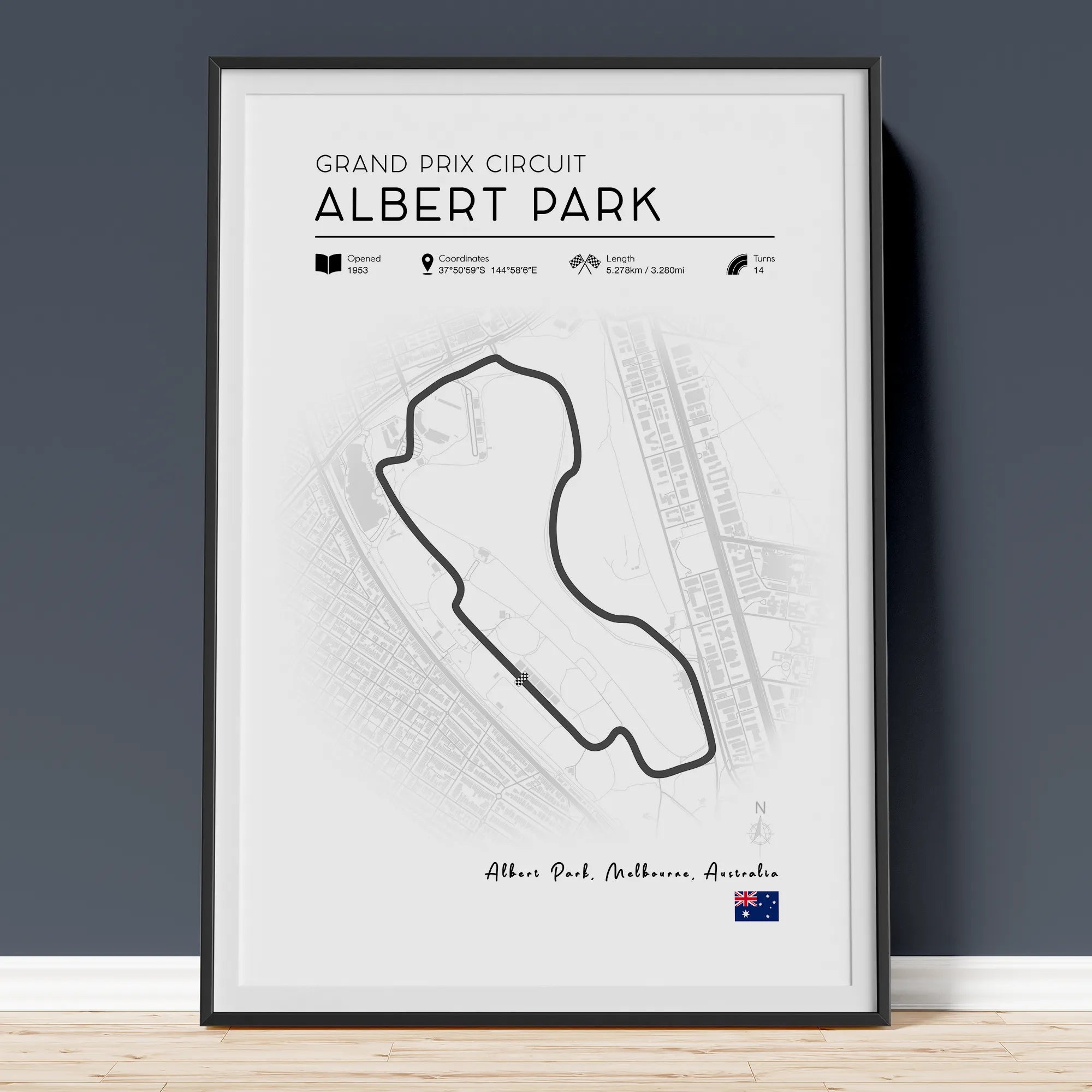 Minimalist Albert Park F1 track poster showing Australian Grand Prix Melbourne circuit in clean modern design