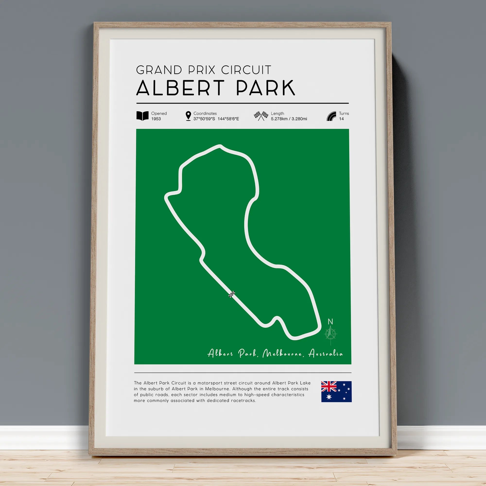 Vintage Albert Park F1 track poster showing Australian Grand Prix Melbourne circuit layout with track specifications