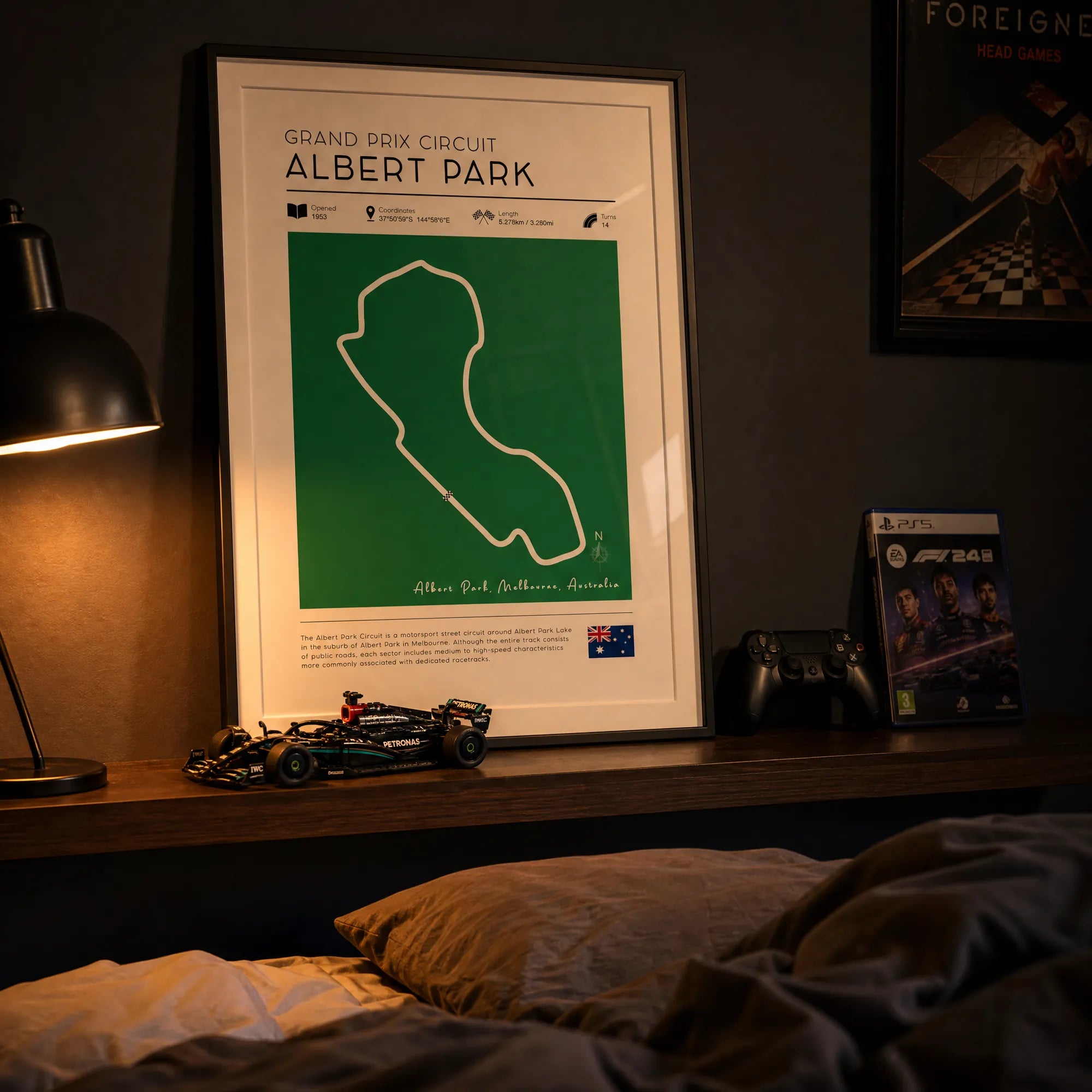 Vintage Australian Grand Prix Track poster on wall in bedroom 