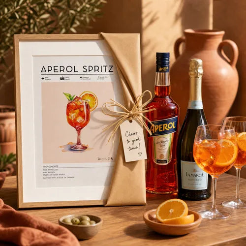 Framed Aperol Spritz cocktail poster gift-wrapped beside Aperol, prosecco and two glasses
