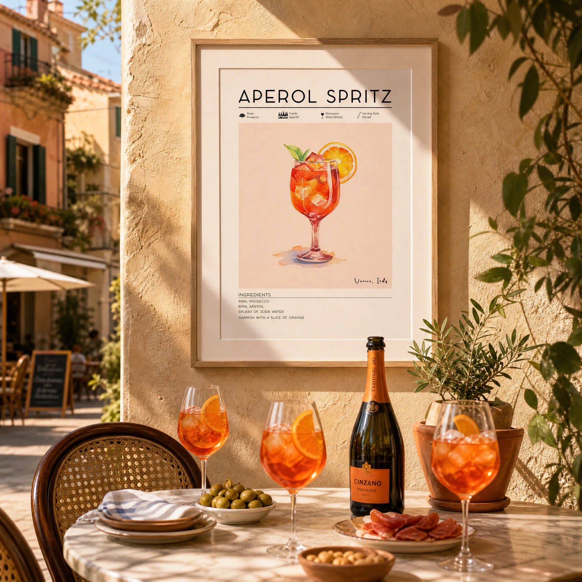 Aperol Spritz poster on outdoor street cafe wall hanging above bottle of Prosecco and glasses of Aperol