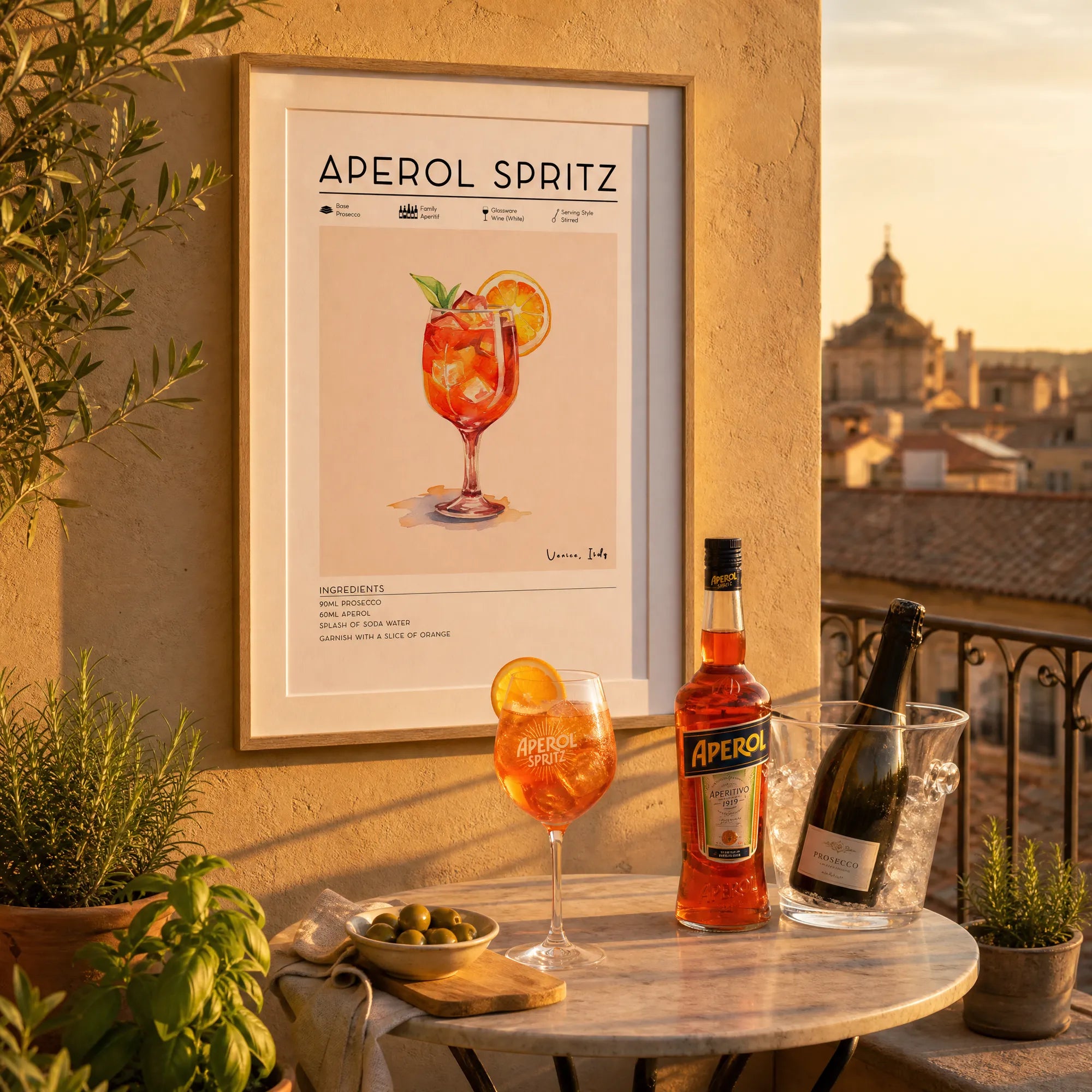 Aperol Spritz poster on stucco wall overlooking piazza