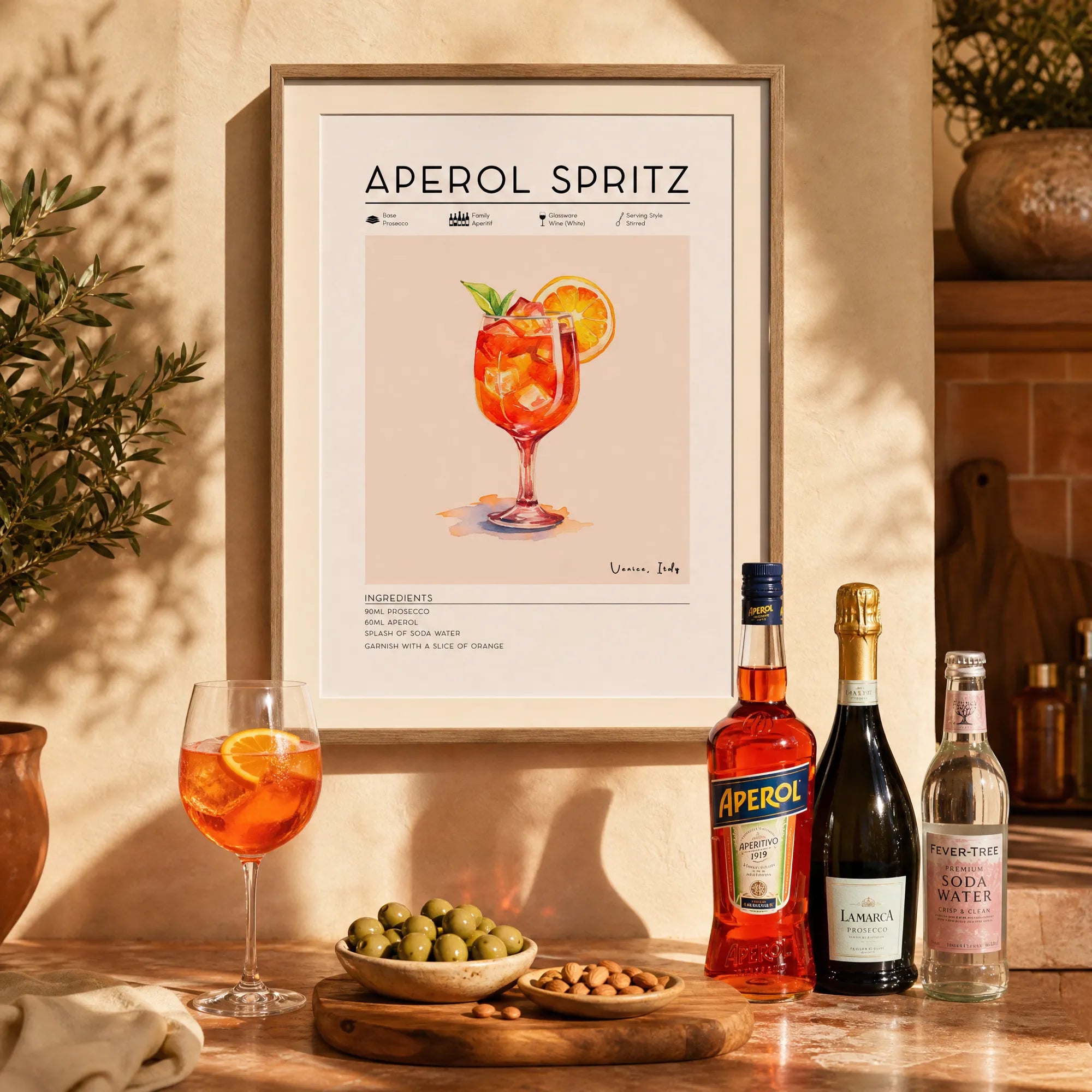 Aperol Spritz poster om kitchen wall with bottles of Prosecco, Aperol and soda water below. 