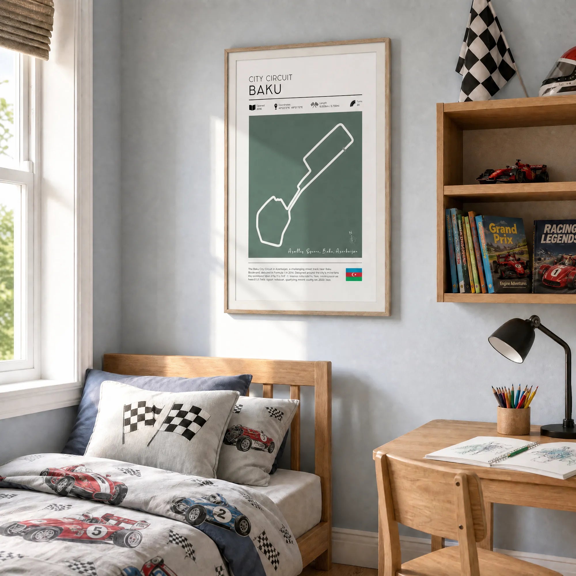 Baku City Circuit F1 poster framed in a boys bedroom, Minimalist Formula 1 wall art in sage green