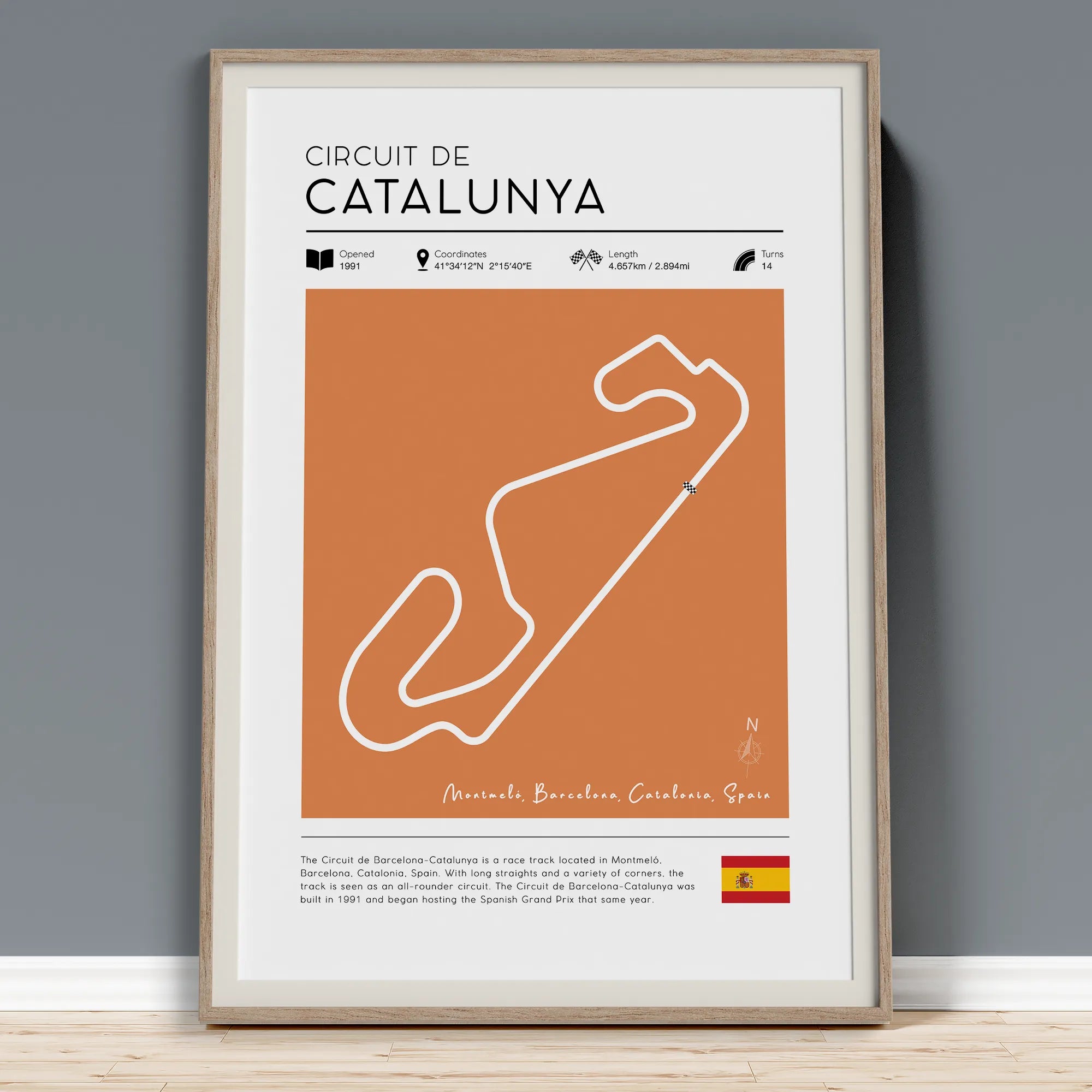 Vintage Catalunya F1 track poster showing Spanish Grand Prix Barcelona circuit layout with track specifications and coordinates