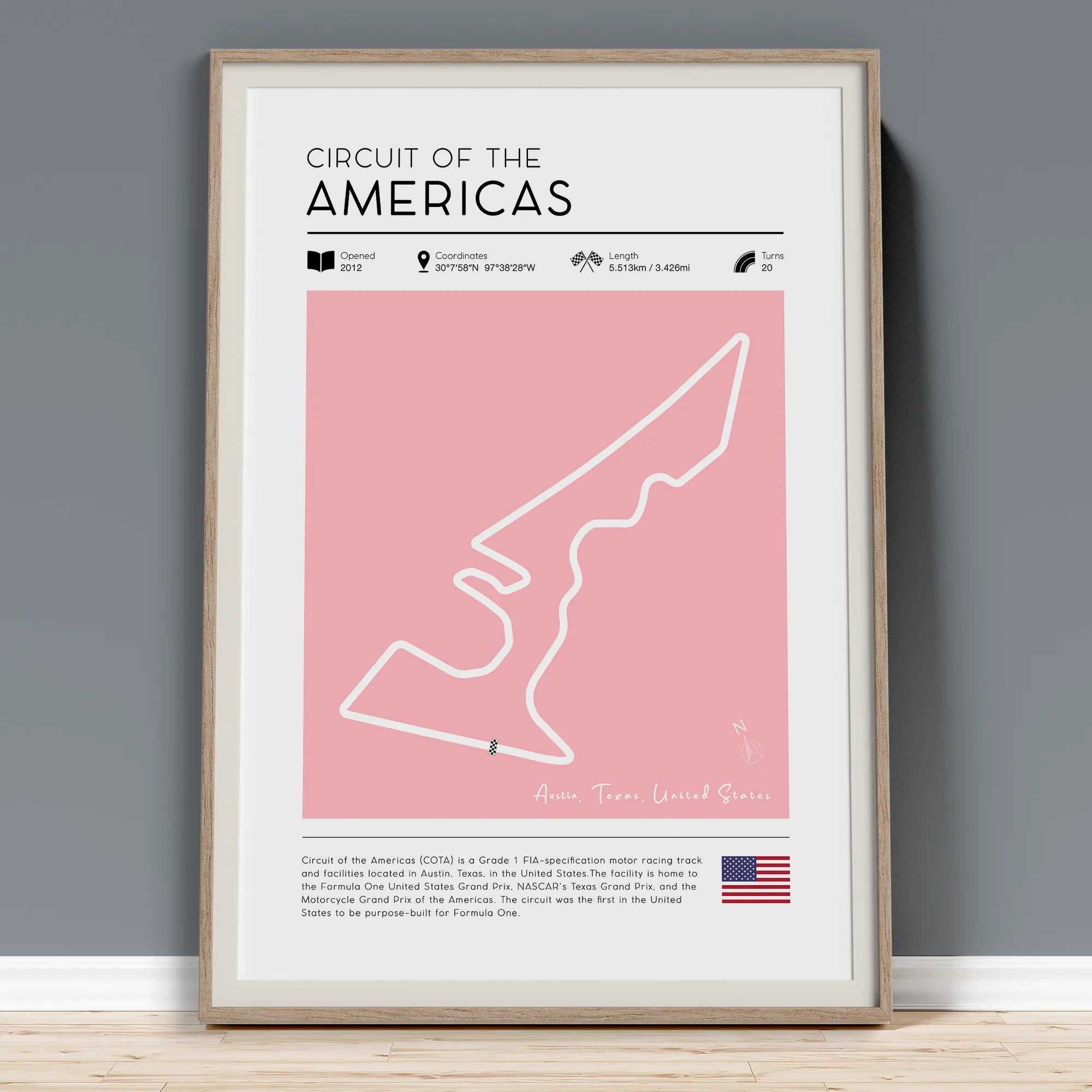 Vintage Circuit of the Americas F1 track poster showing United States Grand Prix circuit layout with track specifications