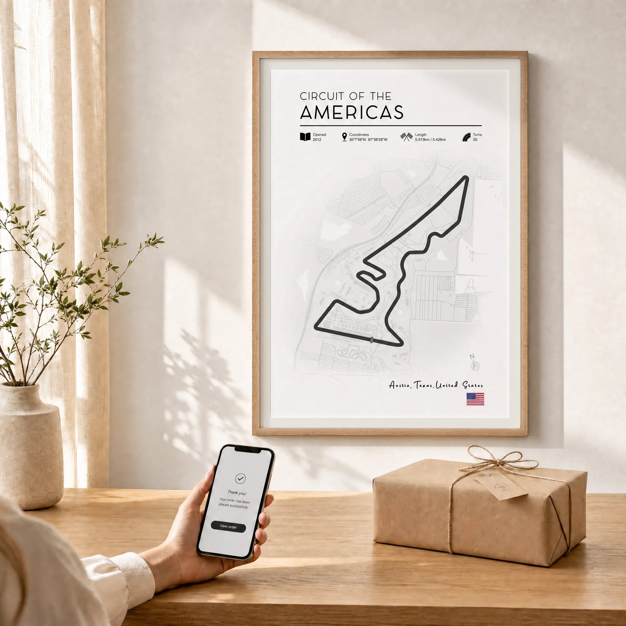 Minimalist Circuit of the Americas F1 race track poster, clean line art motorsport wall art