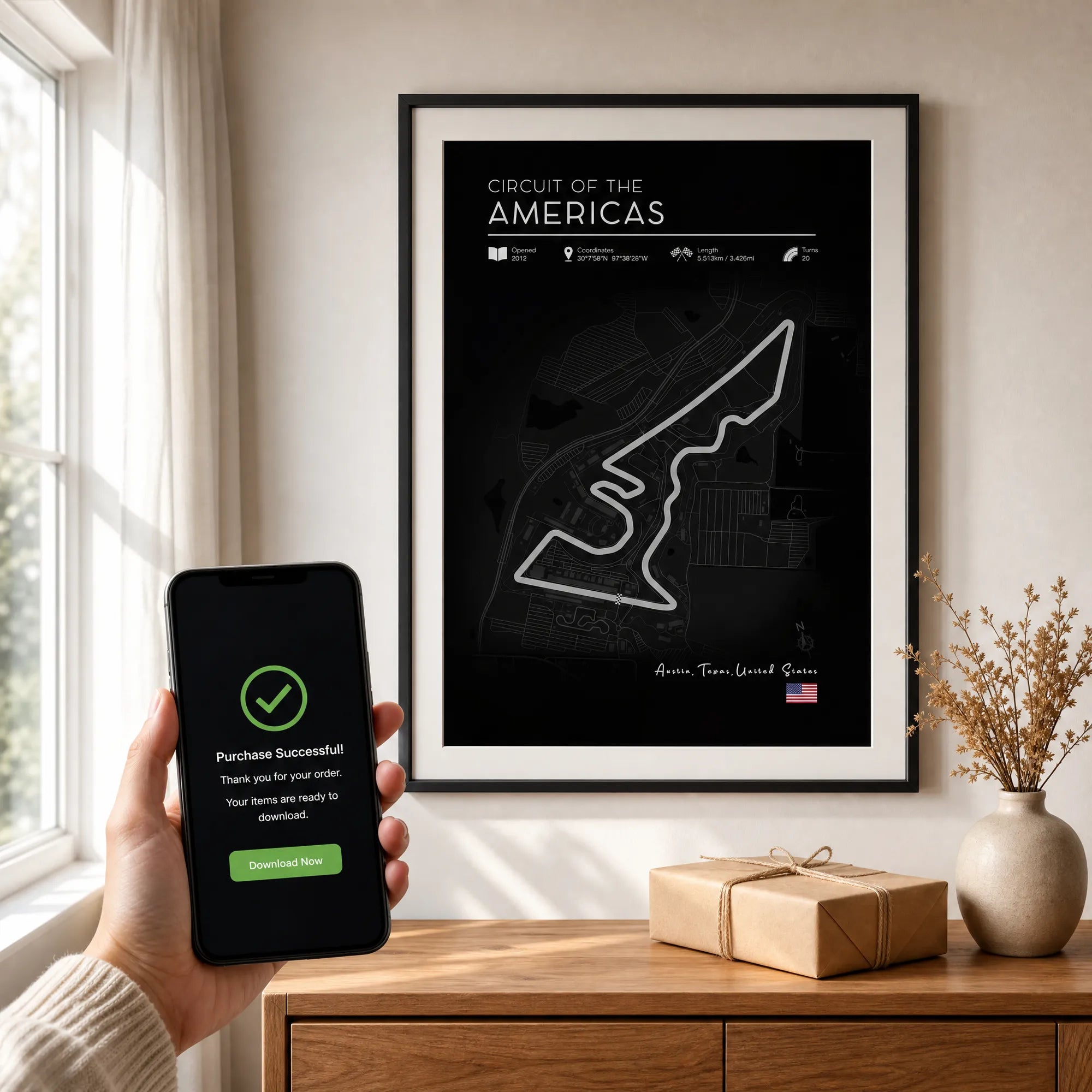 COTA race track art displayed as black edition Formula 1 poster