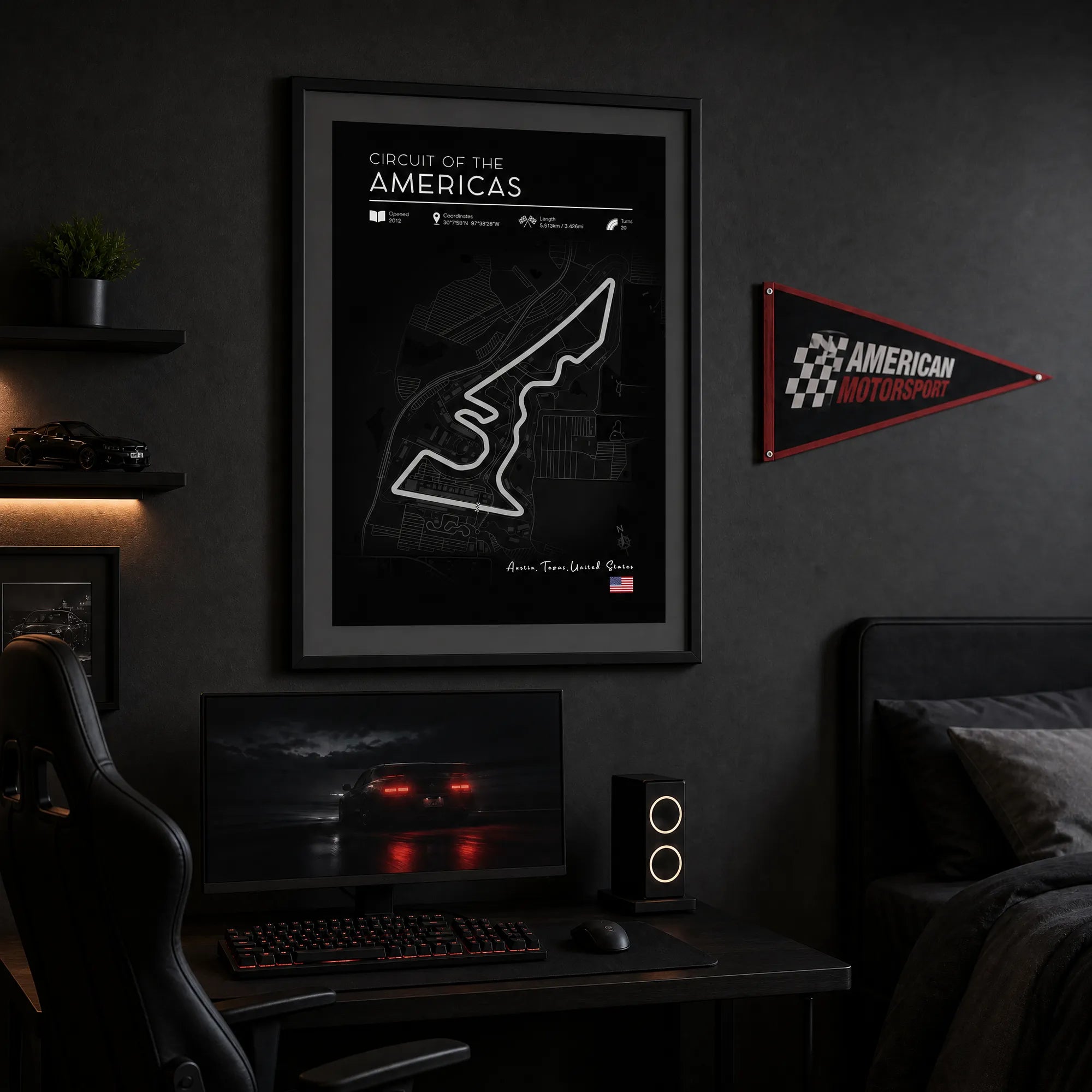 Black edition COTA F1 race track poster, high-contrast motorsport wall art
