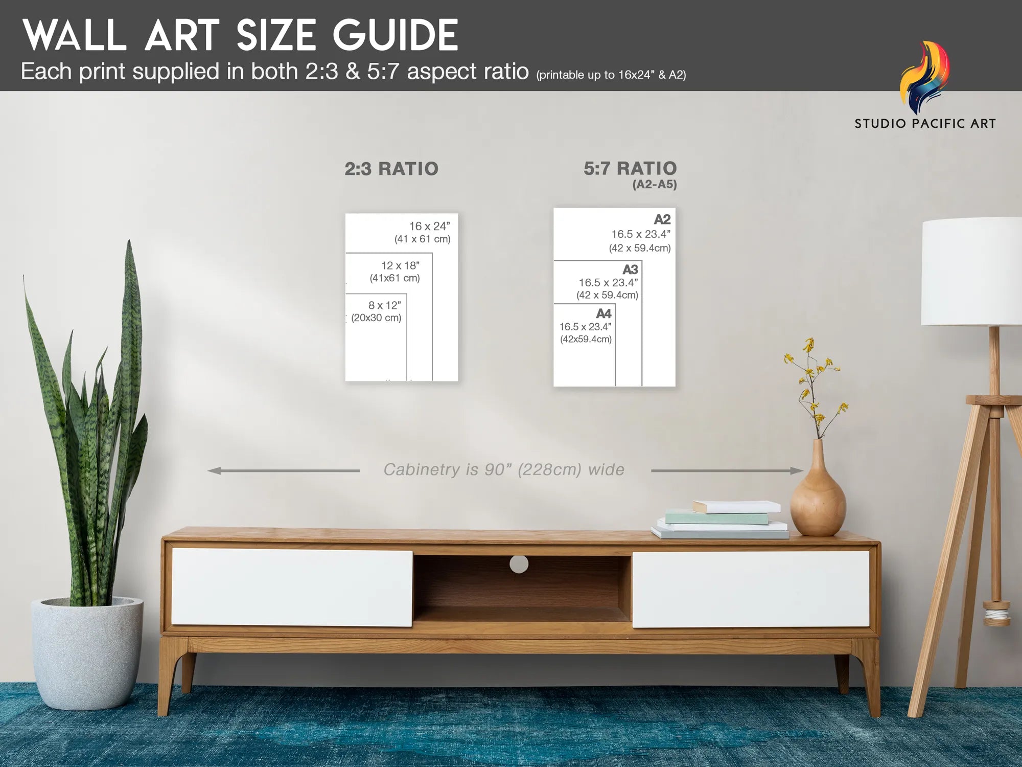 Wall art size guide for Studio Pacific Art Cocktail posters with aspect ratio measurements in a living room setting.