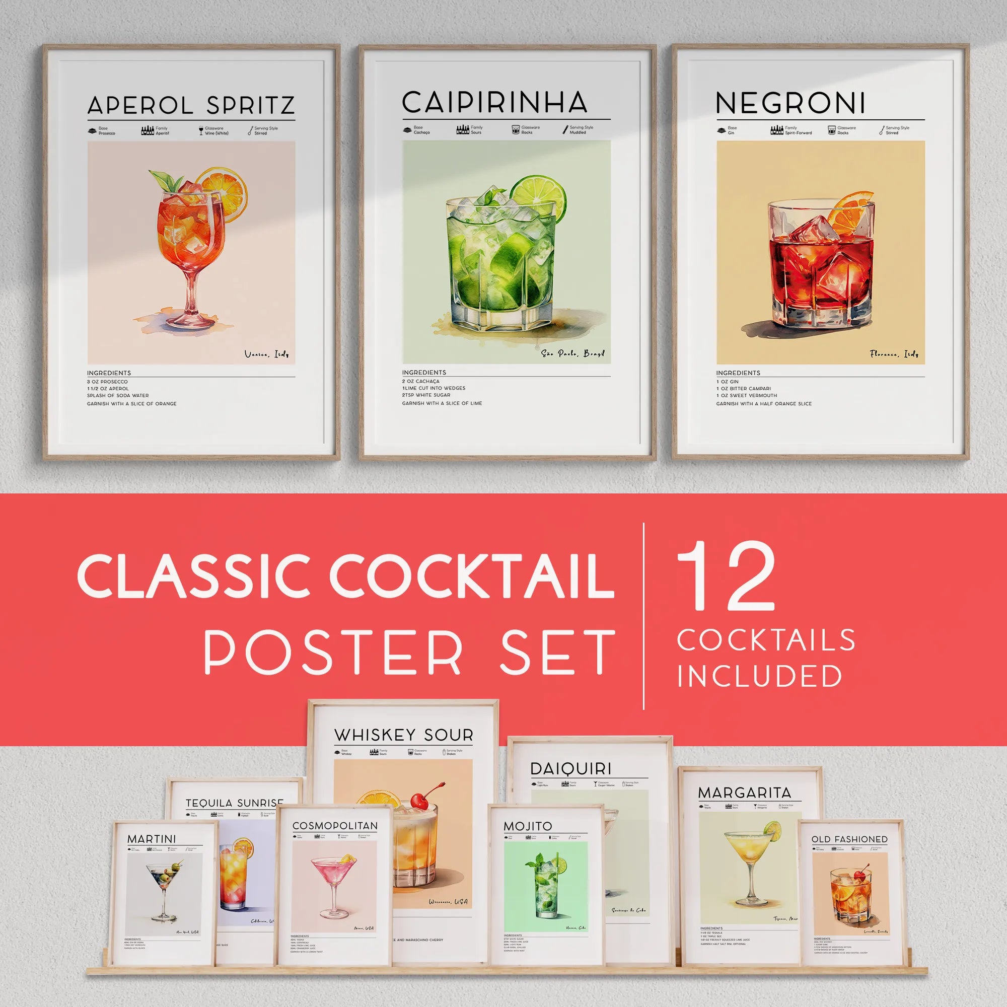 Set of classic cocktail posters on a wall with a red banner at the bottom.