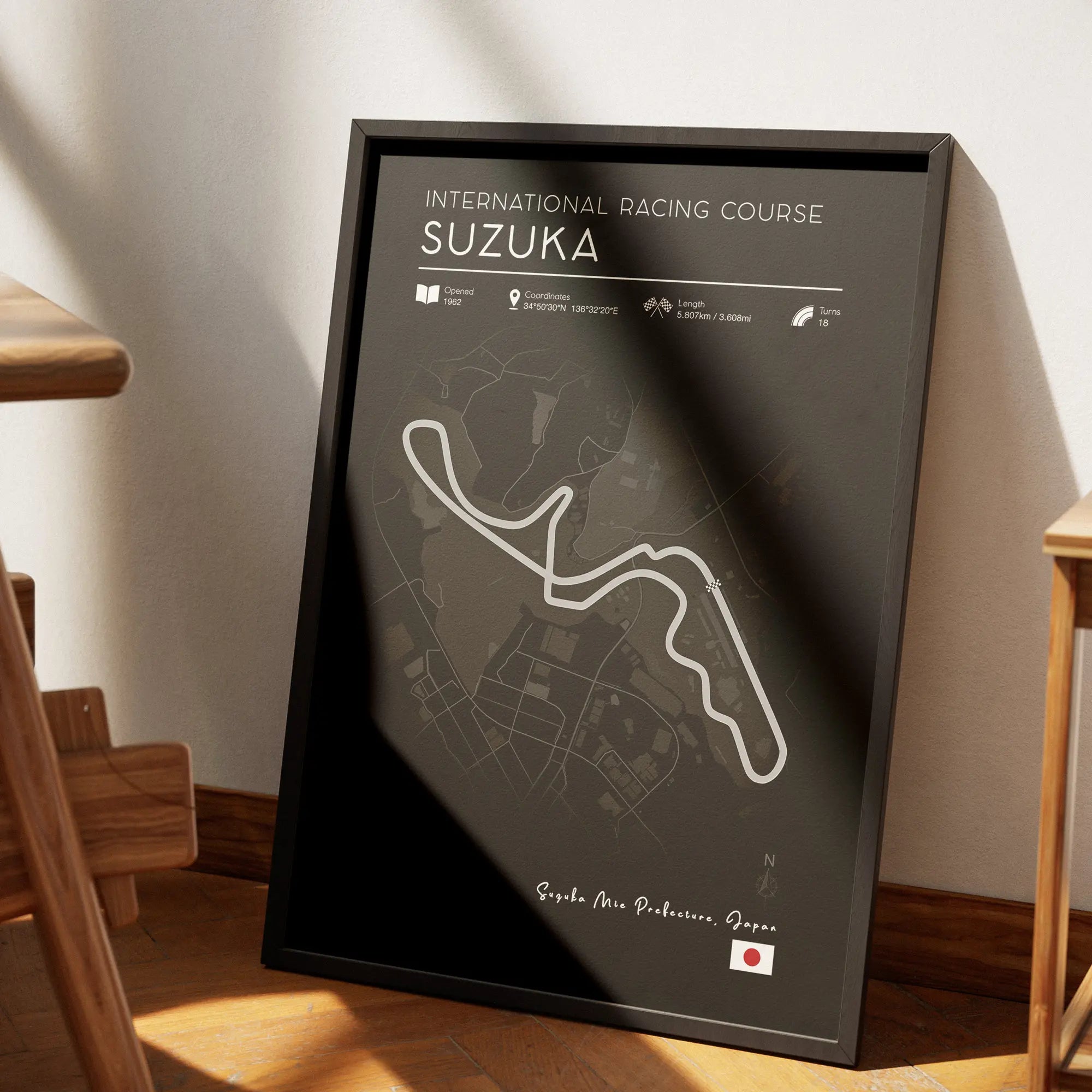 Suzuka Grand Prix Circuit Wall Art – Elegant Contemporary Black Motorsport Poster 