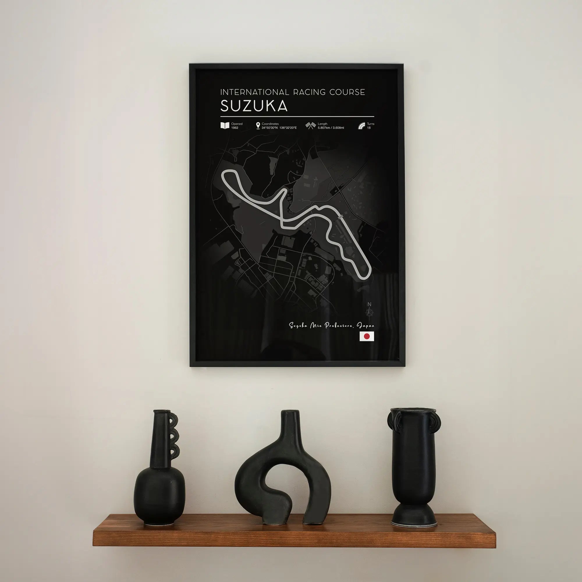 Suzuka Grand Prix Track Poster – Sleek Black & White F1 Artwork in Living Room