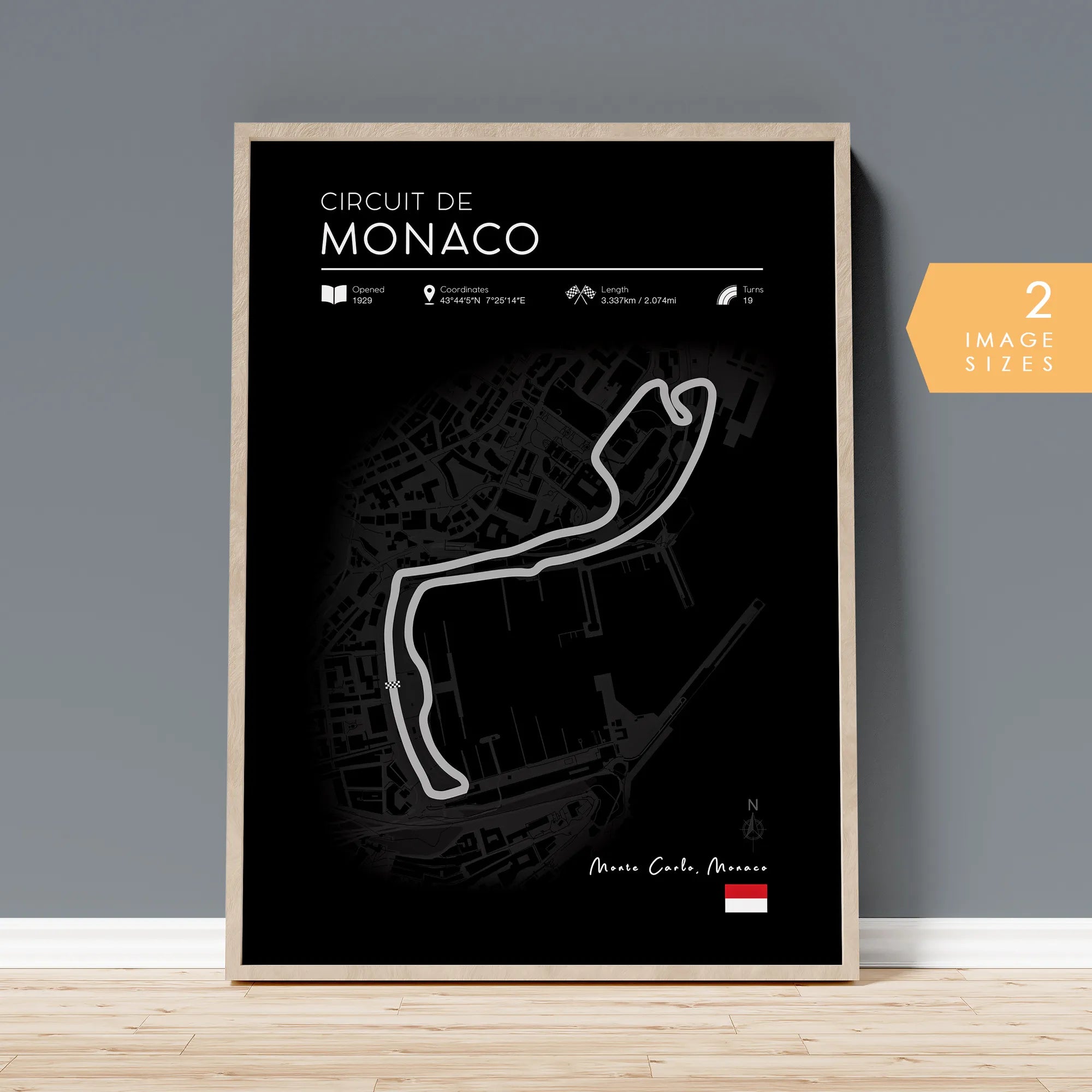 Minimalist Black Edition Monaco F1 Track Poster framed as Formula 1 wall art for home or office