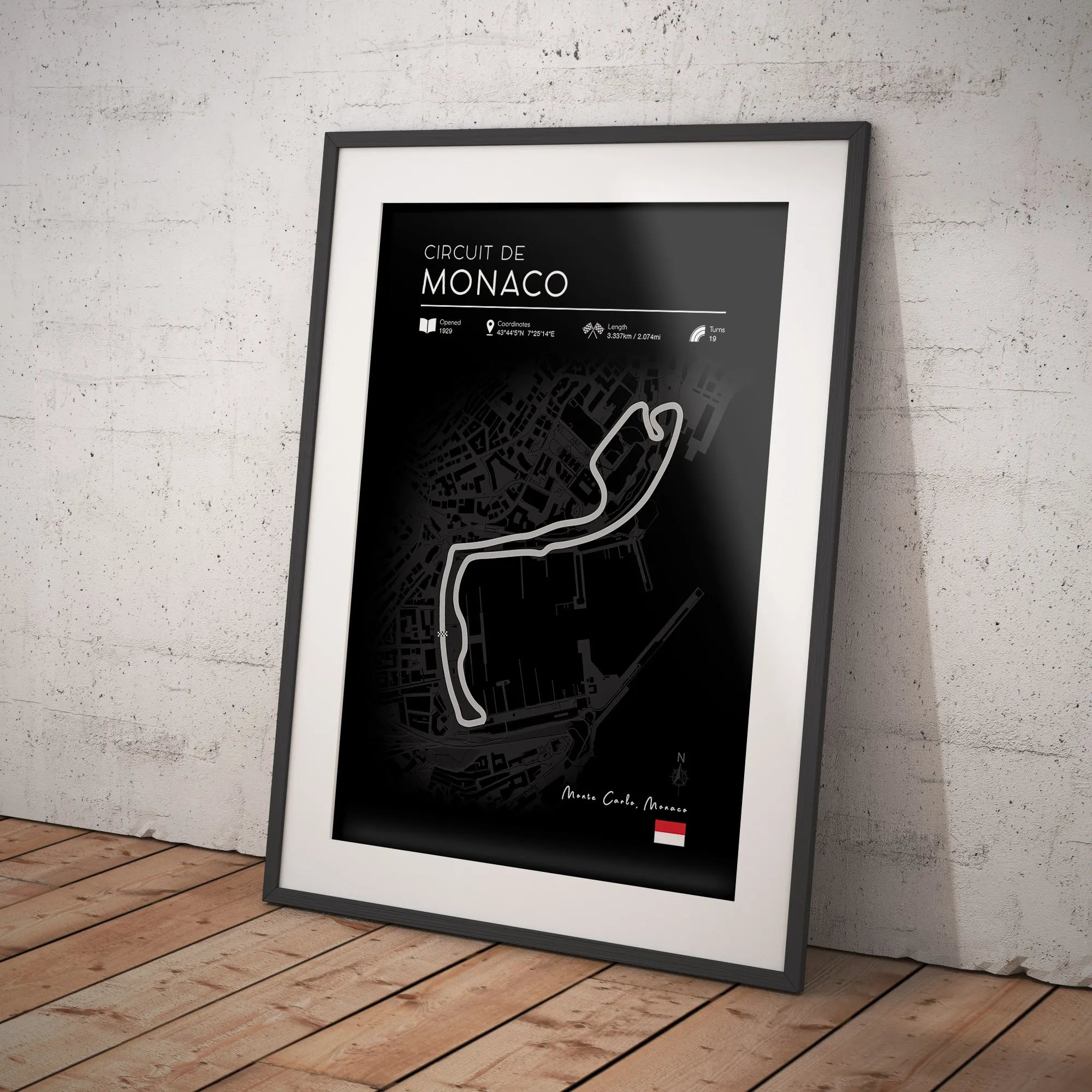 Framed printable Monaco Grand Prix circuit poster in sleek black design, perfect for motorsport fans