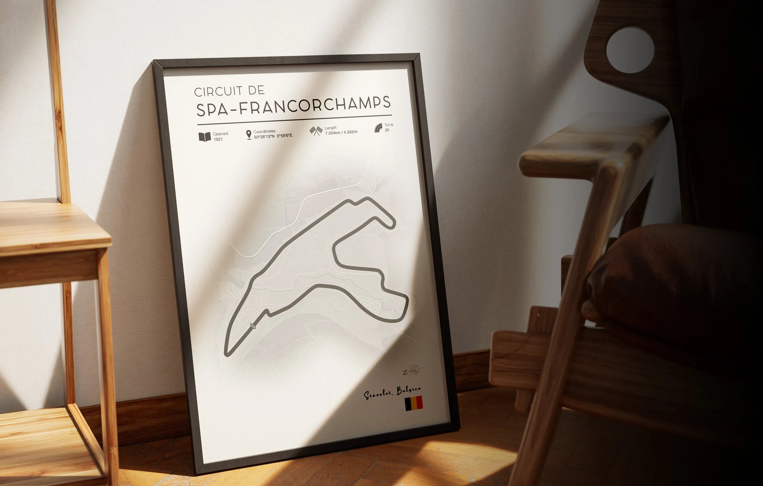 Beautiful image of printed and framed Spa de Framcorchamps track poster design by Studio Pacific Art