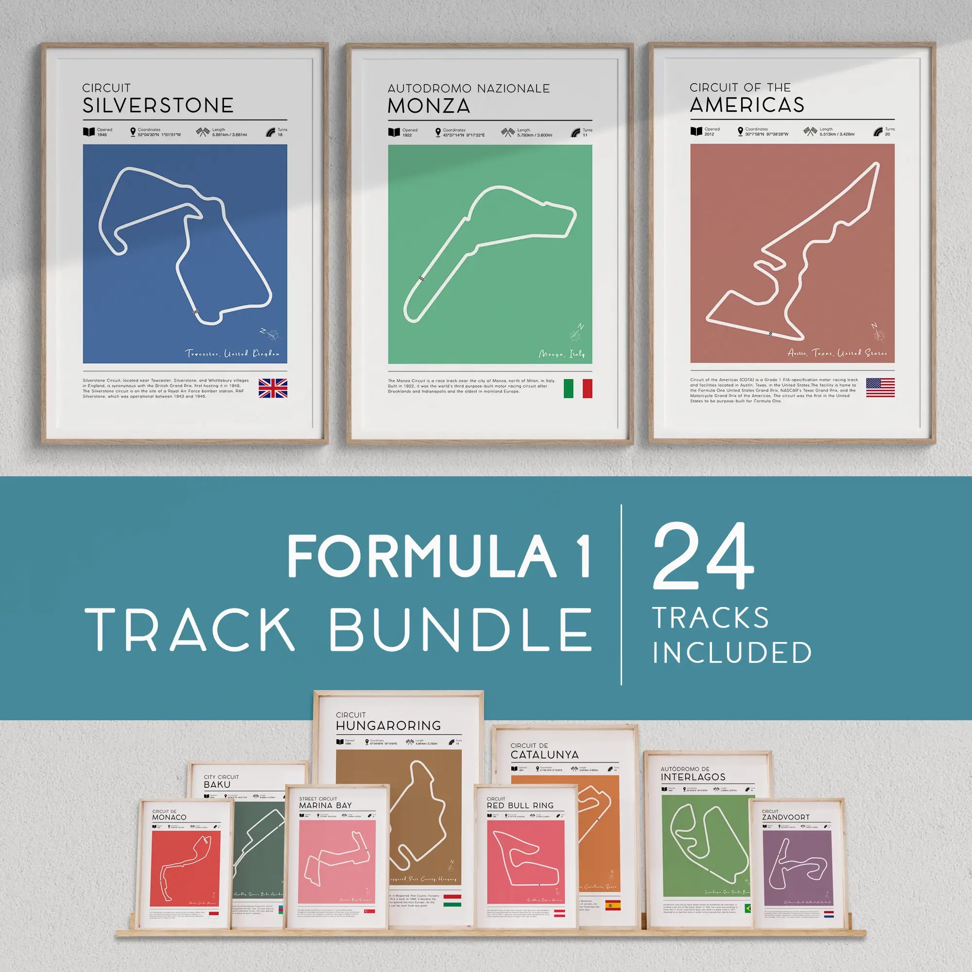 Set Retro F1 Track Posters – 24 Current Circuits Set Against Bold Block Colors with Historic Details