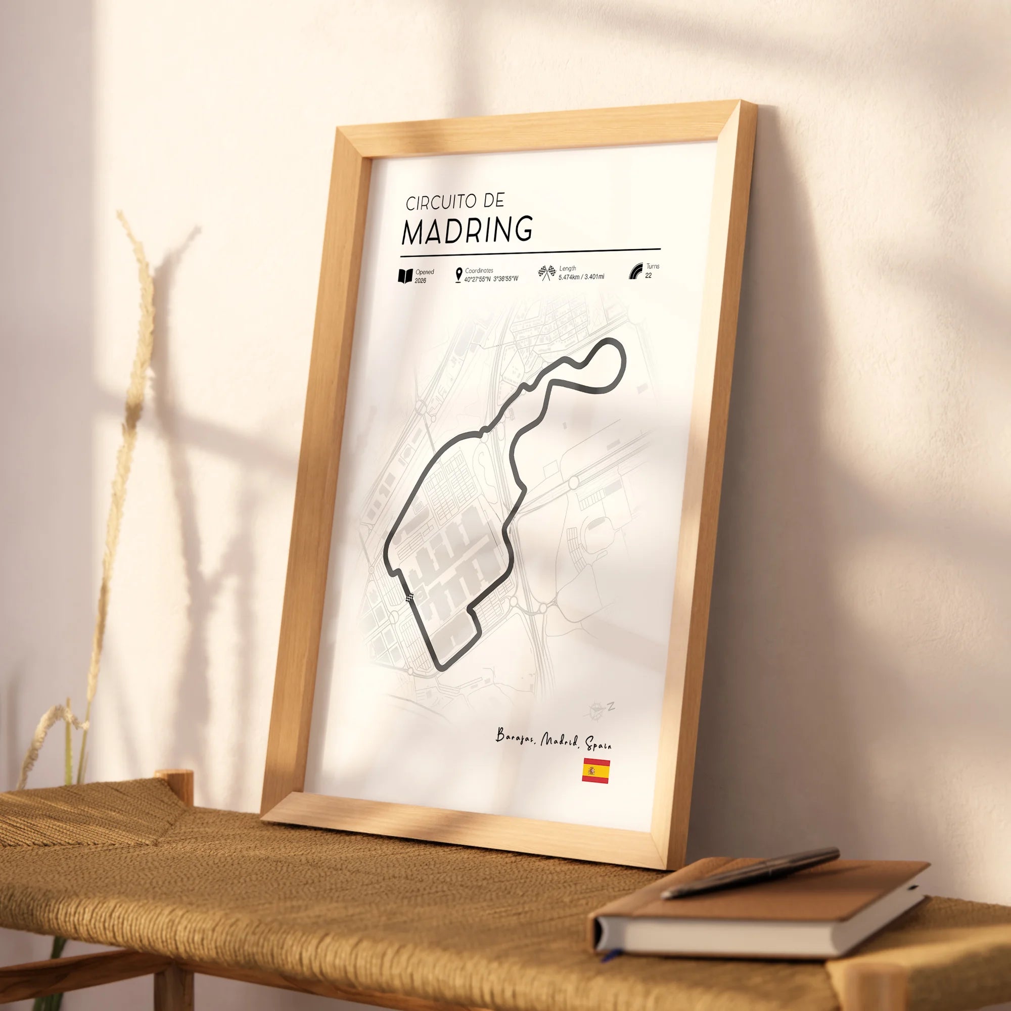 Minimalist Madrid F1 track poster showing Spanish Grand Prix street circuit layout in clean modern design