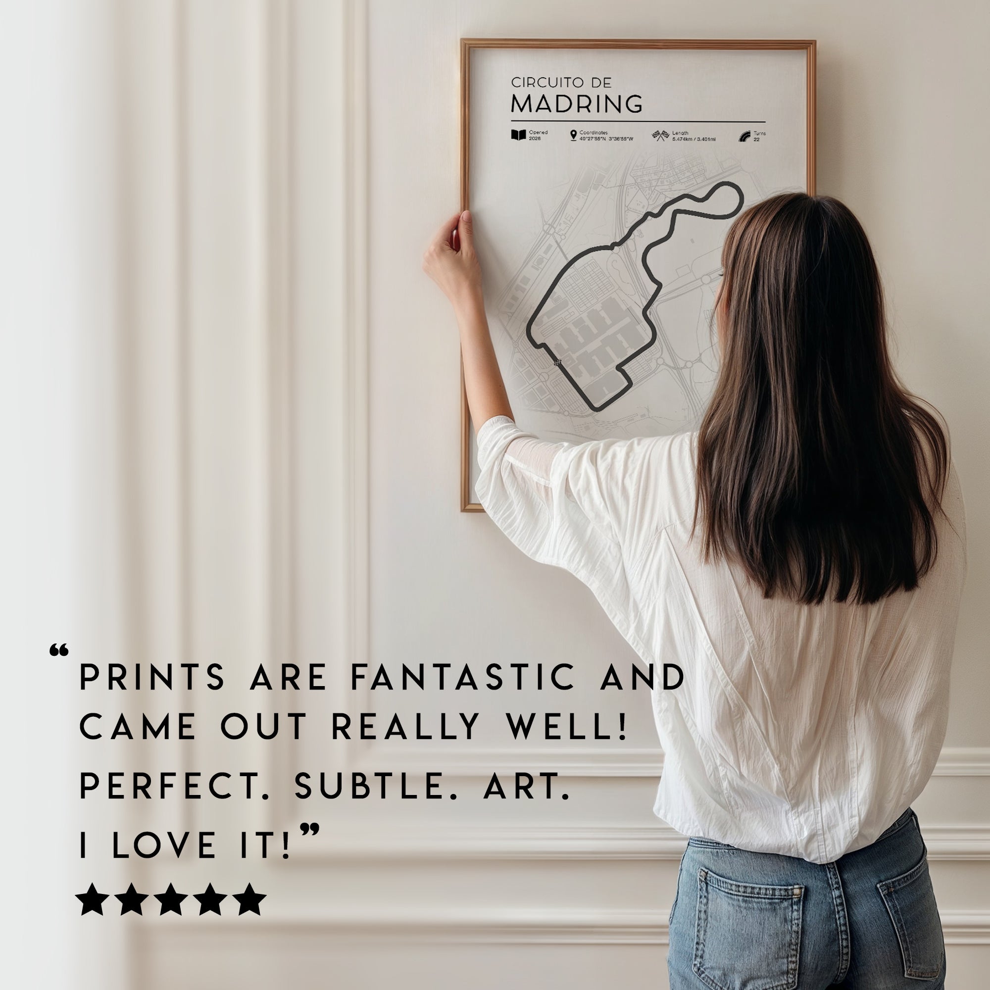 Minimalist Madrid F1 track poster showing Spanish Grand Prix street circuit layout in clean modern design