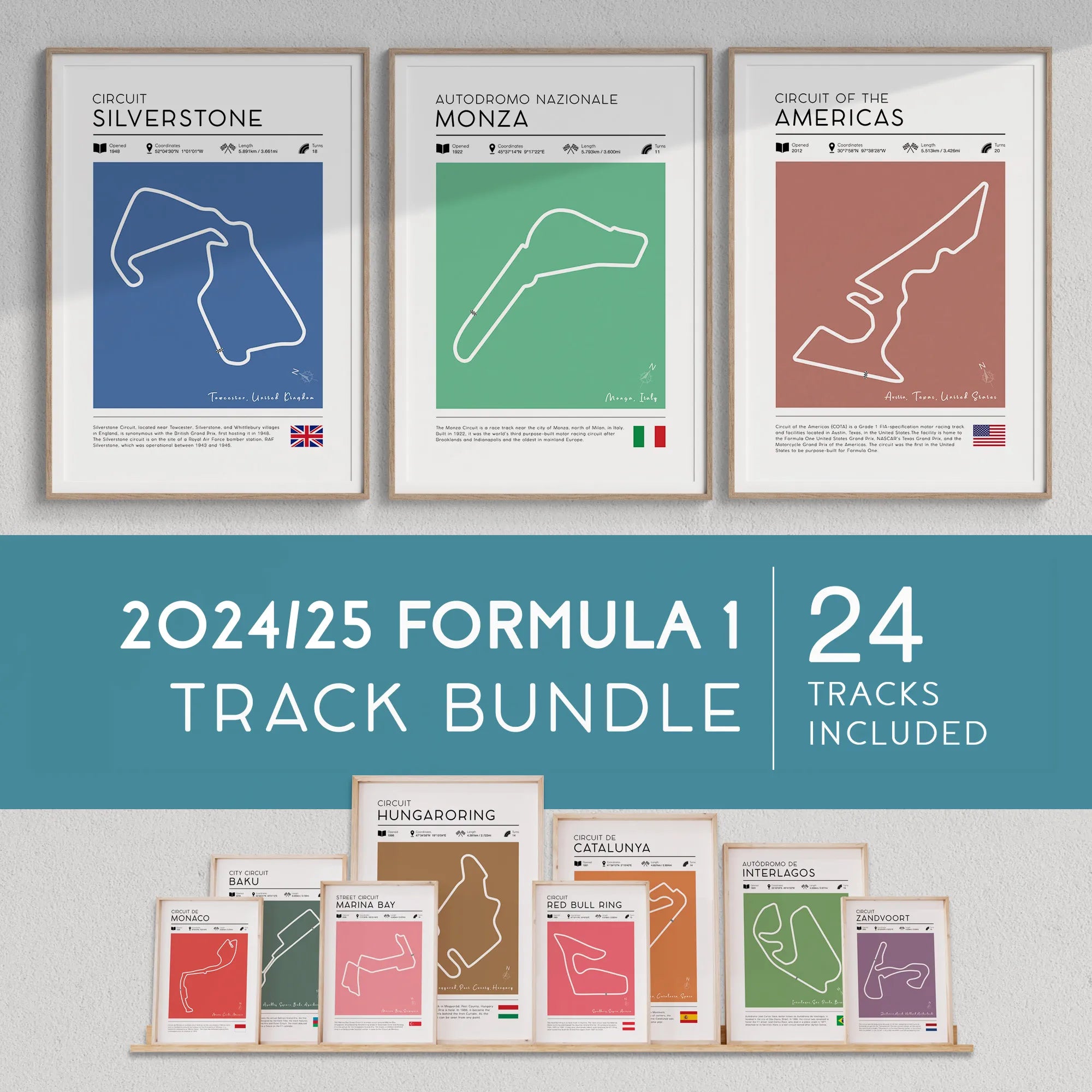 F1 Track poster set - Complete Formula 1 season poster set showing all 24 circuits in vintage design style