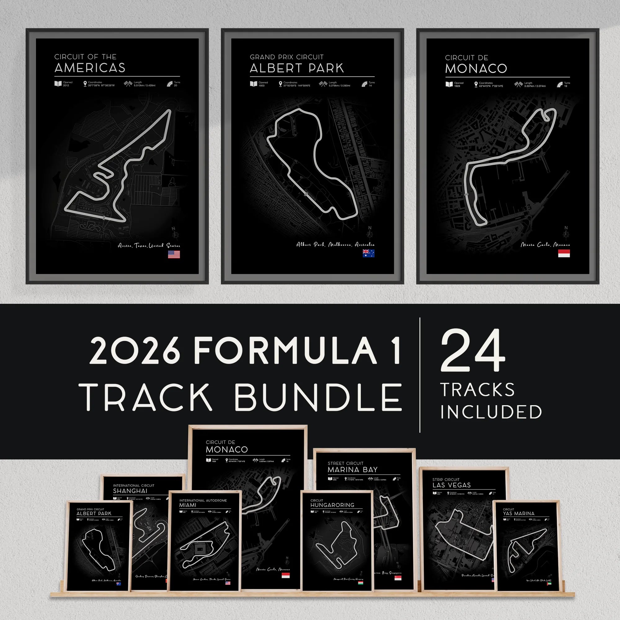 2026 Formula 1 track poster bundle — set of 24 F1 circuit posters in dark edition, including Silverstone, Suzuka and Monaco race track wall art
