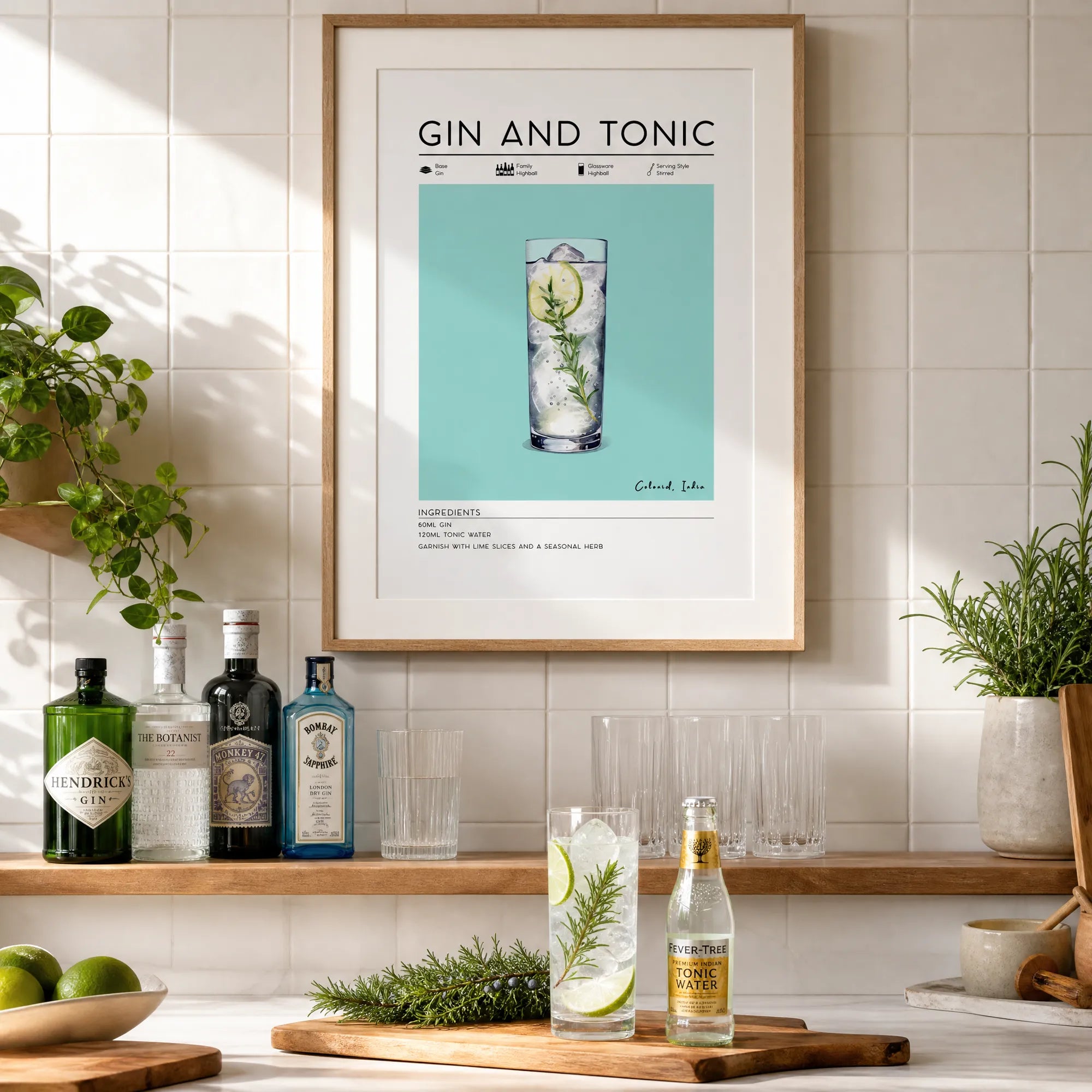 Home bar art, Gin and Tonic poster on kitchen wall surrounded by highball glasses and bottles of gin. 