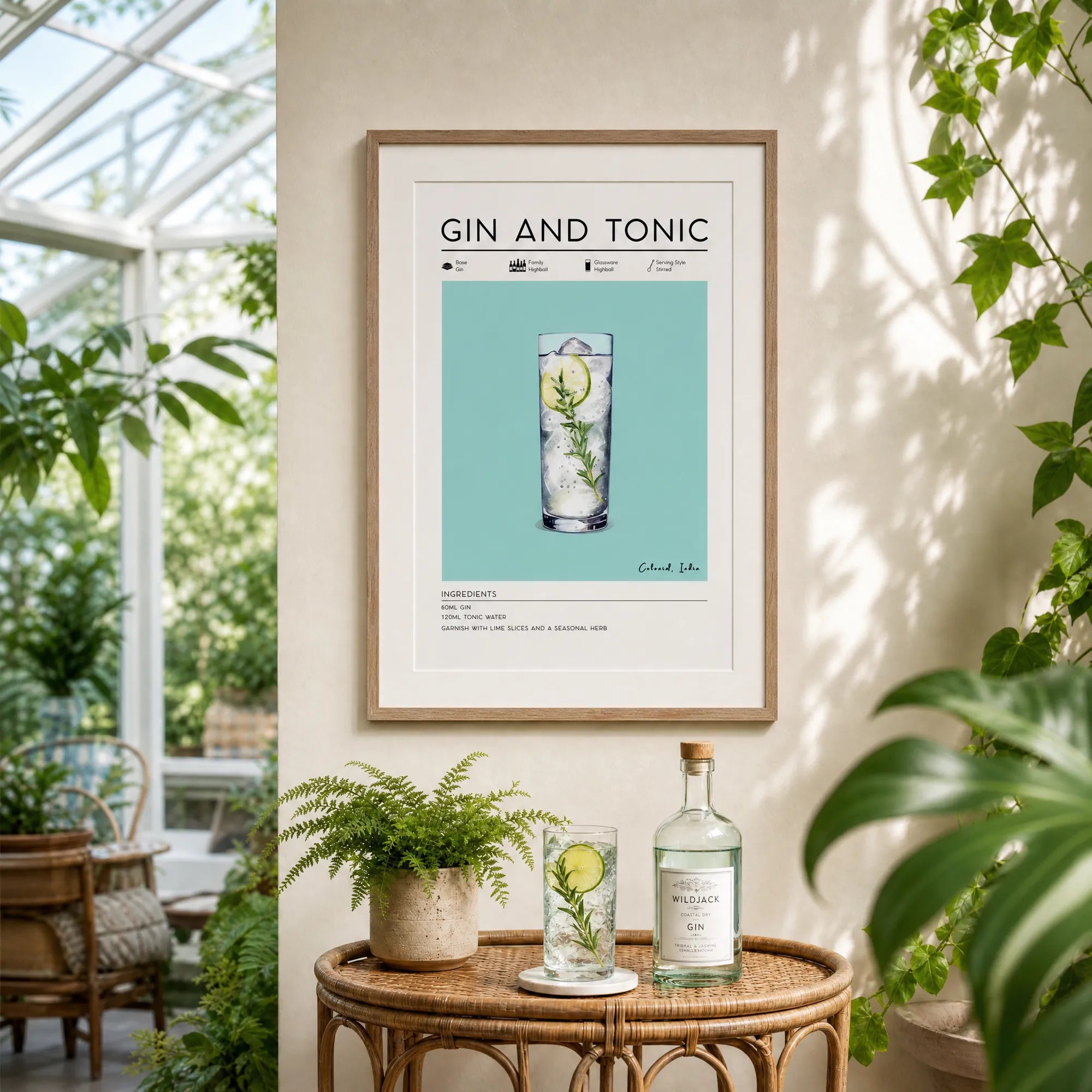 Cocktail wall art, Gin and Tonic poster in conservatory 