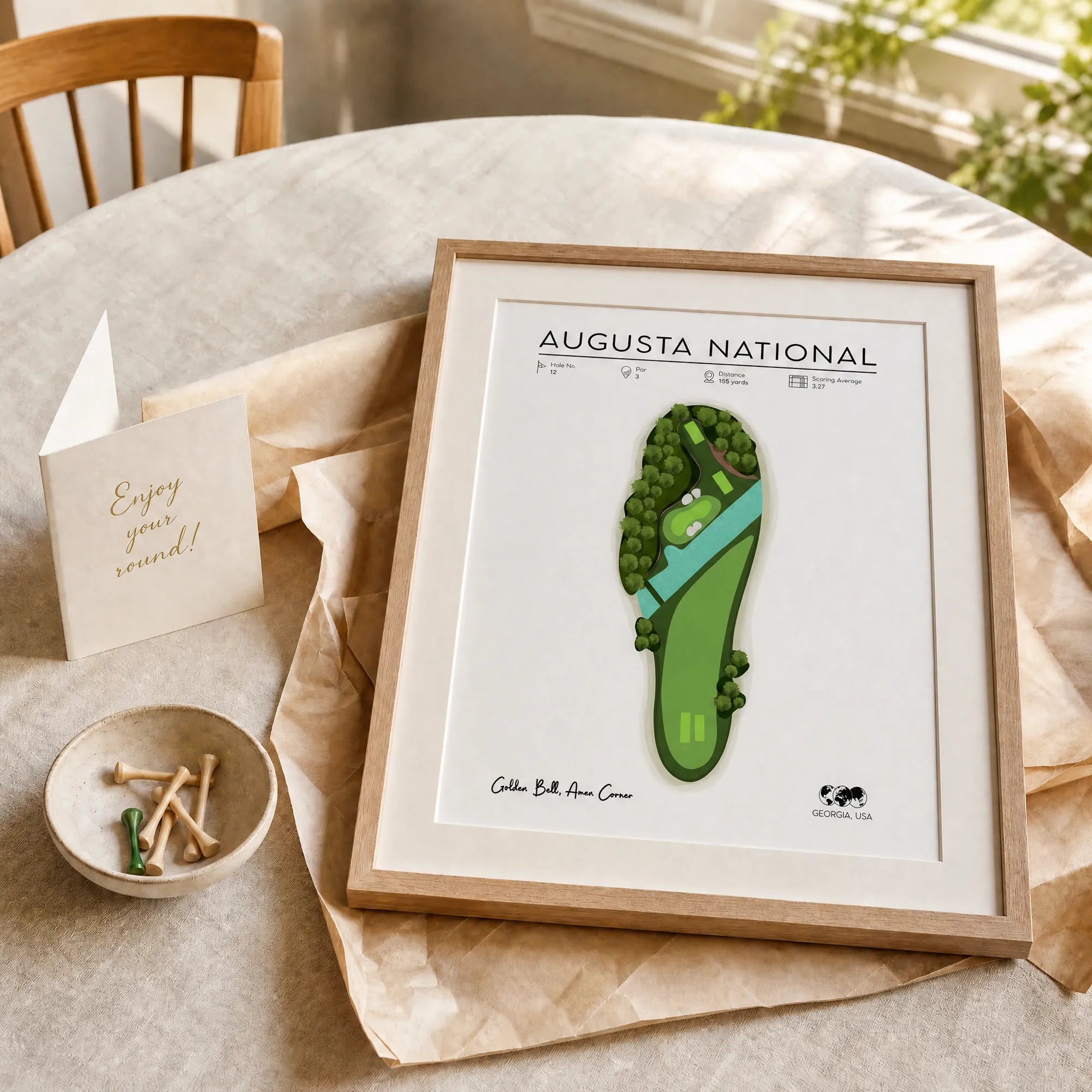 Golf lover gift, framed golf course print unwrapped on dining table, golf gift for him, morning light interior