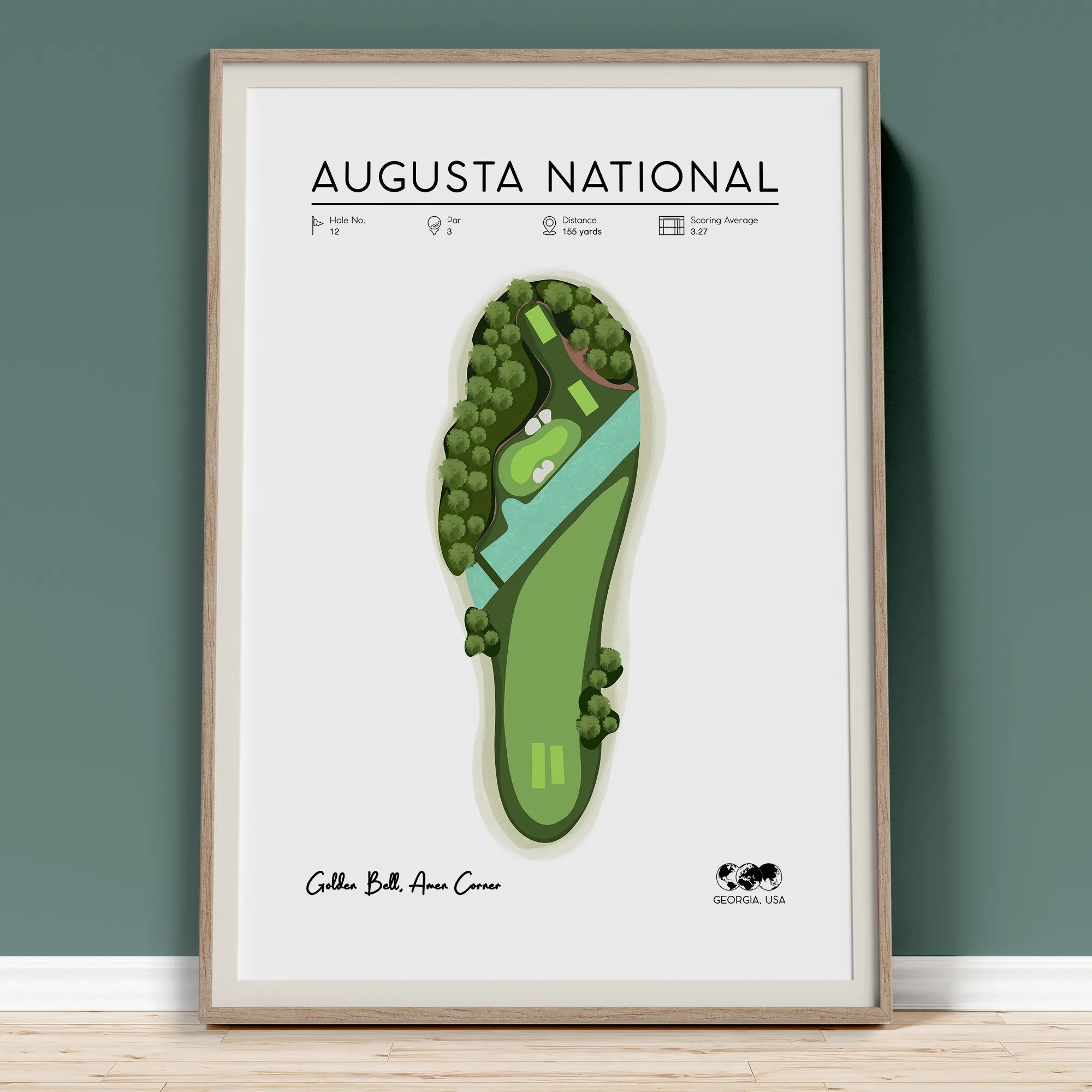 Golf Decor and unique gifts for golfer. Golf course map print showing Hole 12 Georgia USA.