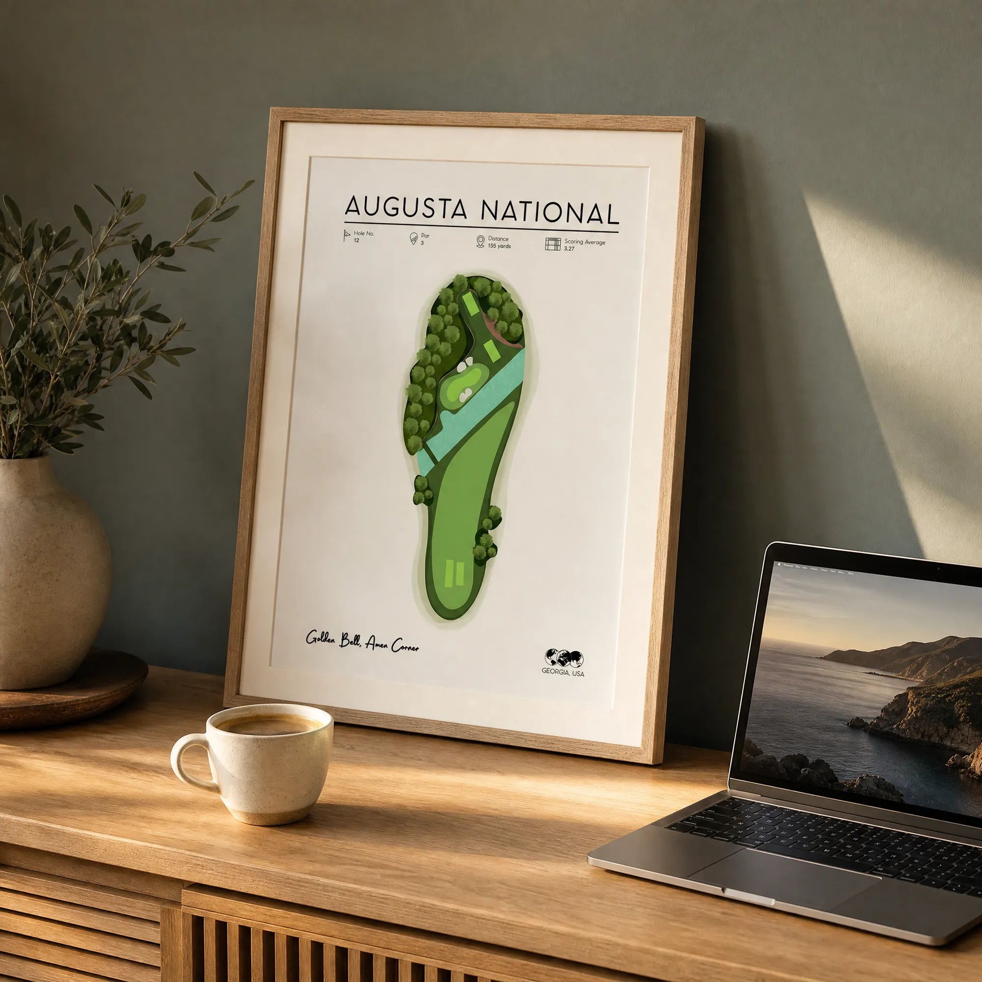 Golf prints for office, framed golf hole map print on dark green wall, azalea and creek detail, warm interior
