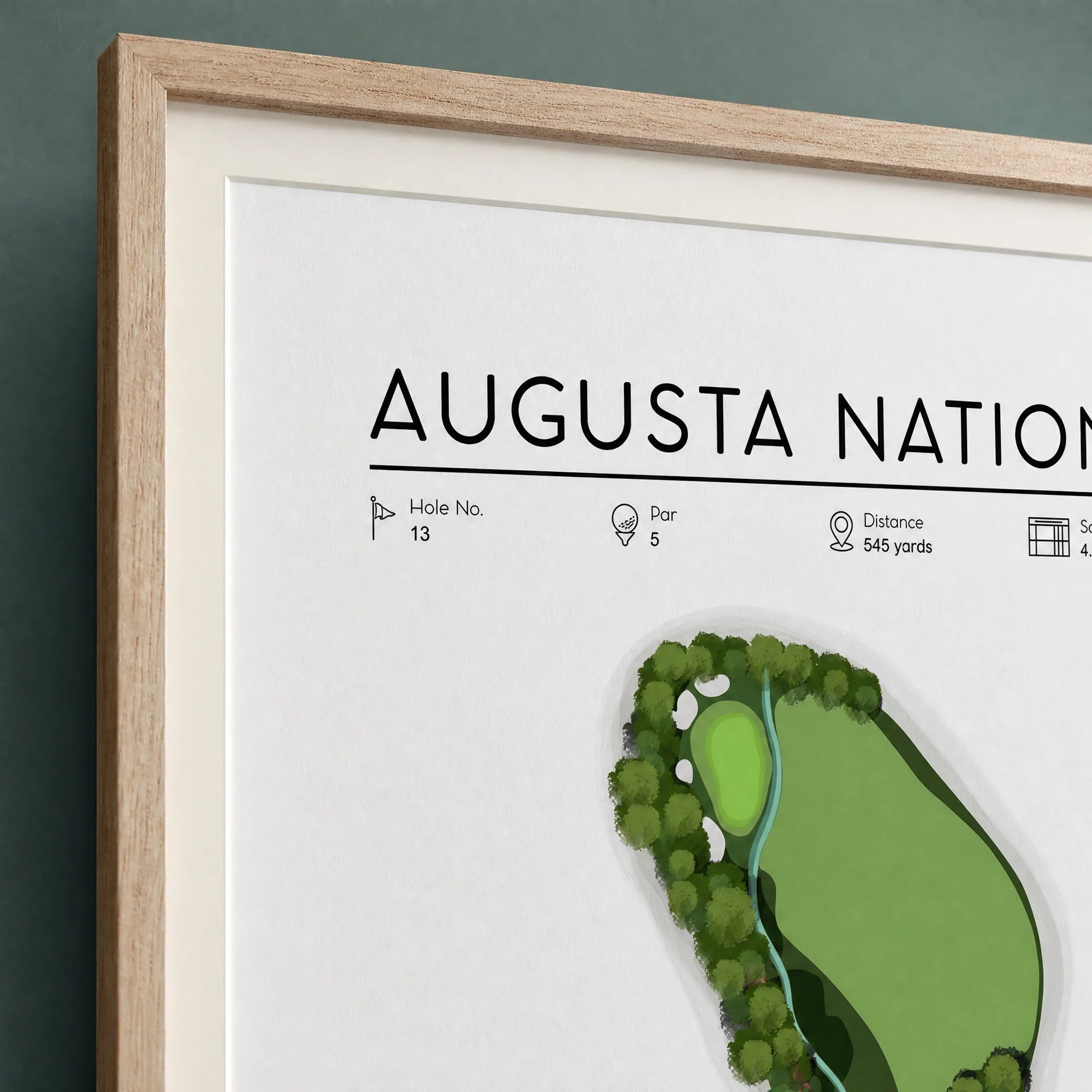 Golf course map print detail, crisp linework, dogleg fairway and creek illustration, light oak frame, wide white mat