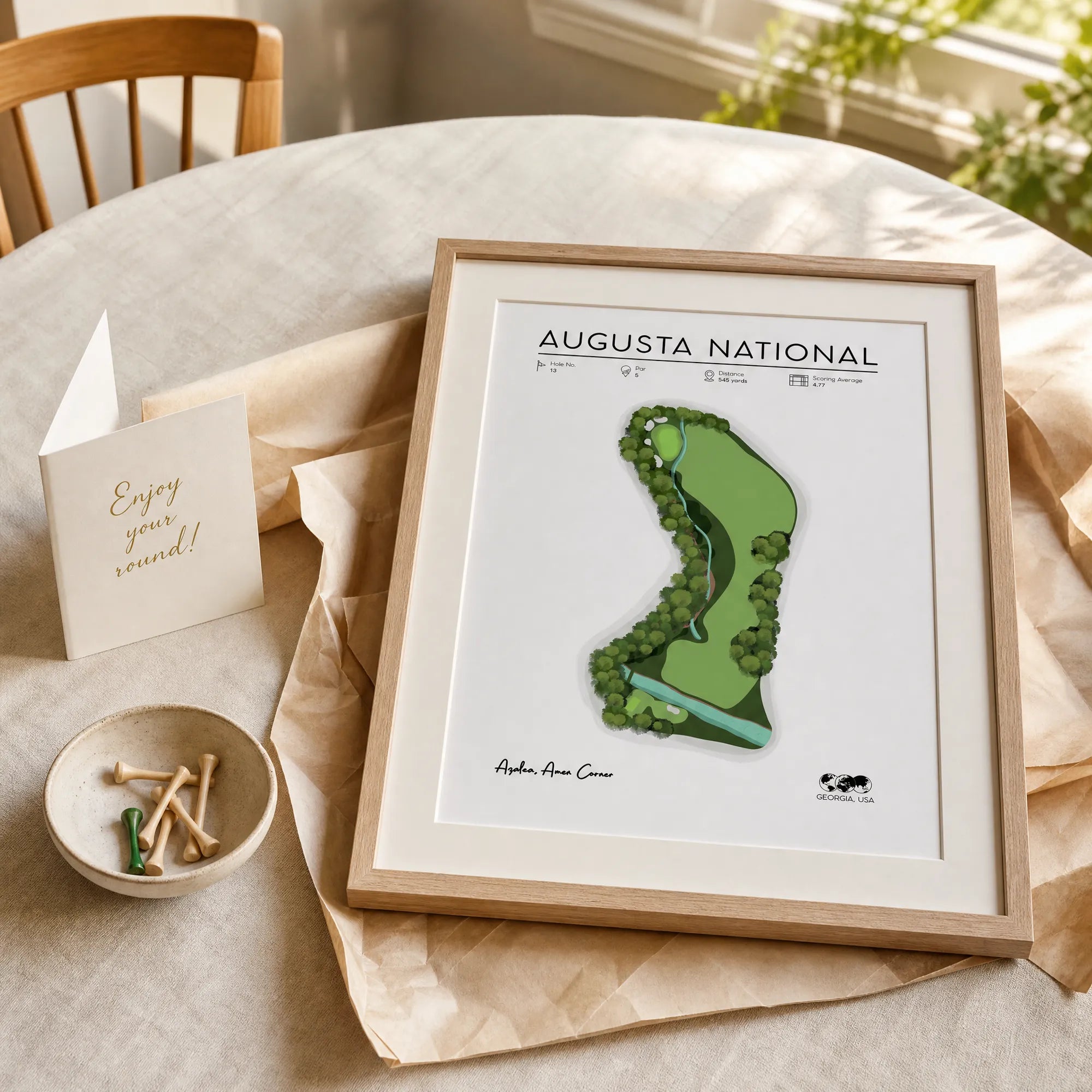 Golf lover gift, framed golf course print unwrapped on dining table, golf gift for him, morning light interior